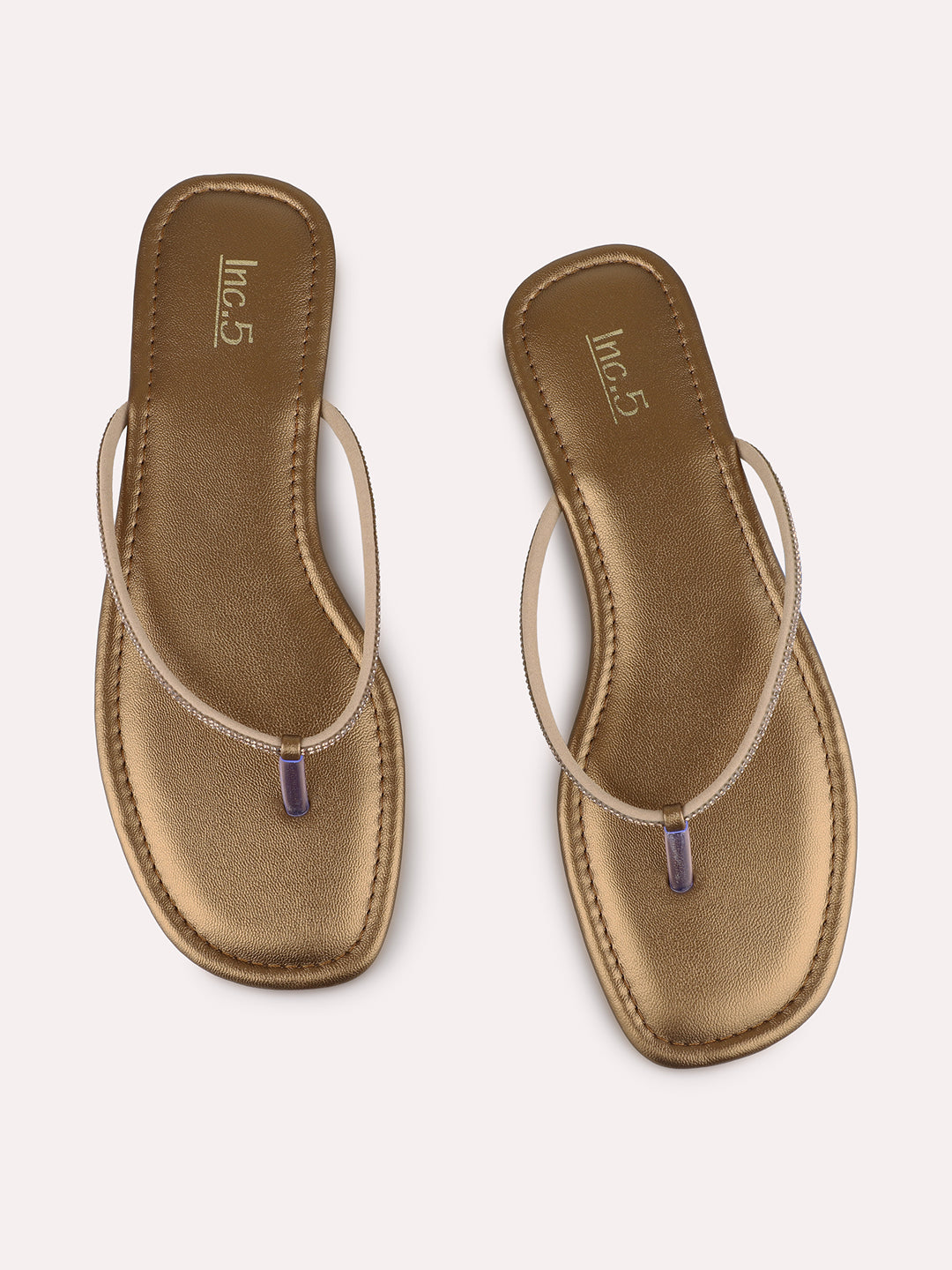 Womens Golden Casual Embellished T-Strap Flats