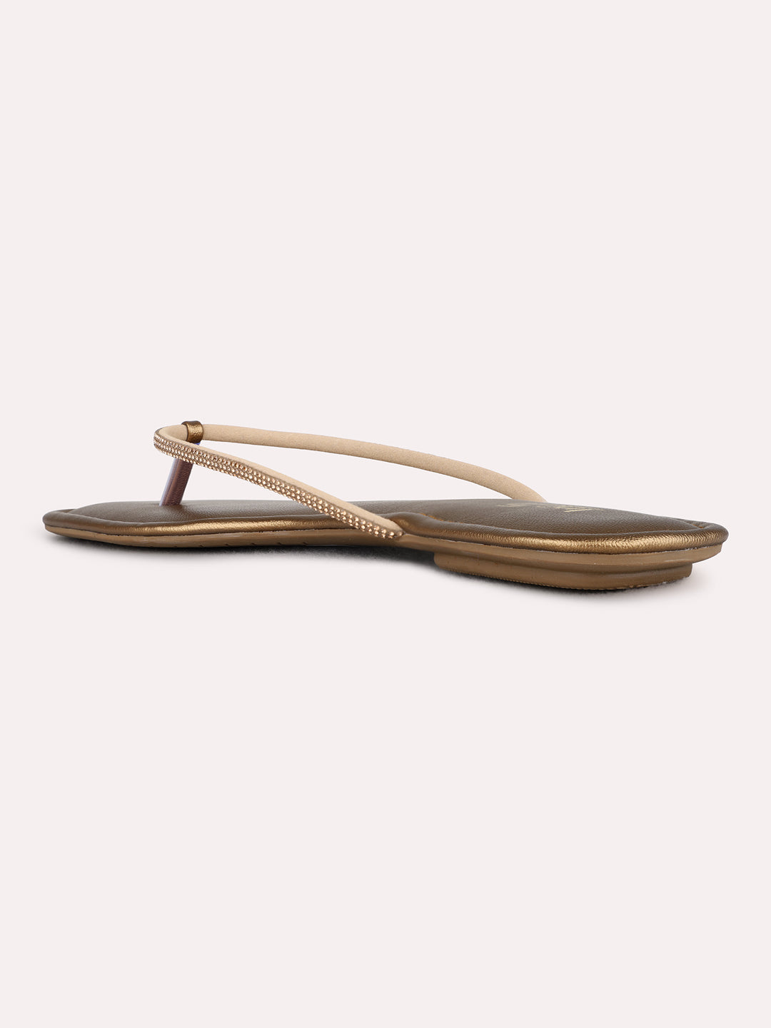 Womens Golden Casual Embellished T-Strap Flats