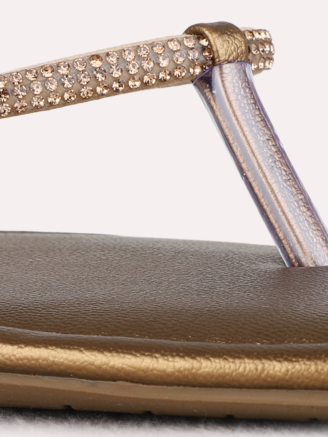 Womens Golden Casual Embellished T-Strap Flats