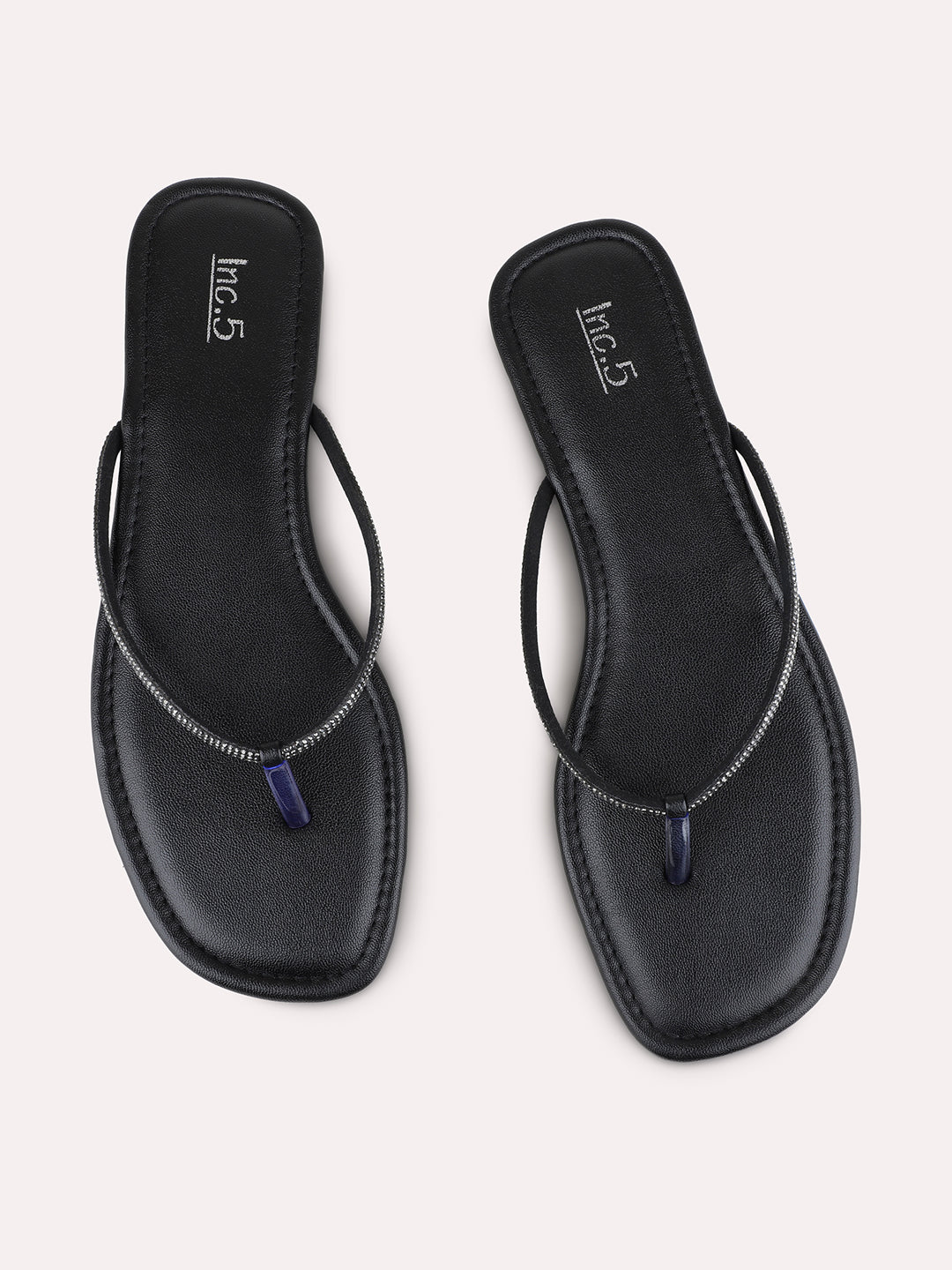 Womens Black Casual Embellished T-Strap Flats