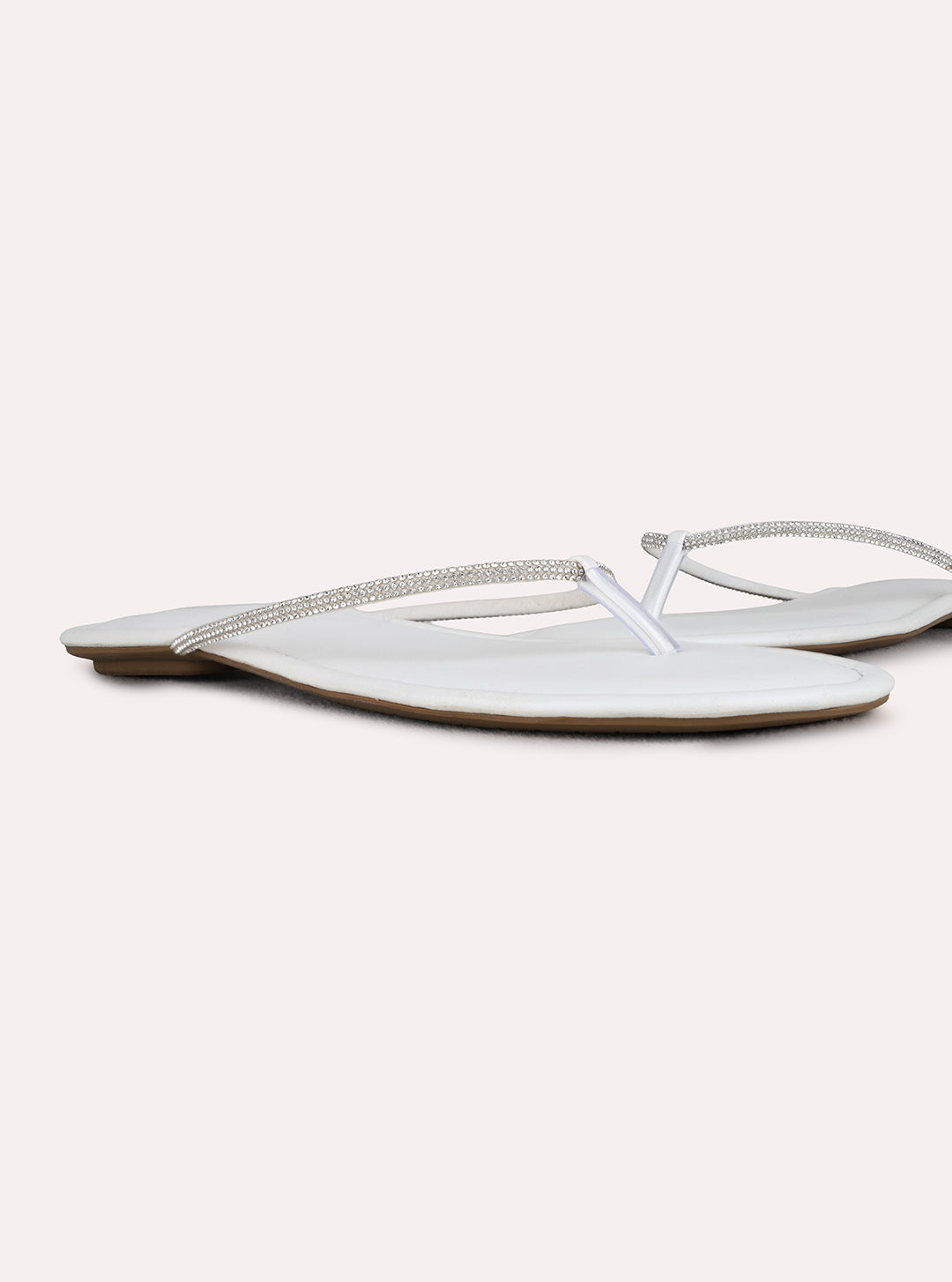 Womens White Casual Embellished T-Strap Flats
