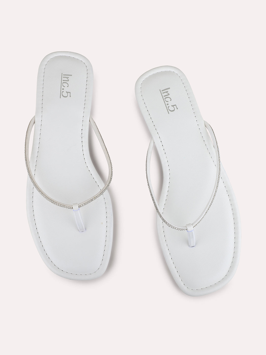 Womens White Casual Embellished T-Strap Flats