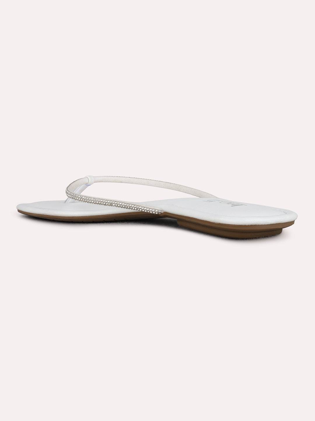 Womens White Casual Embellished T-Strap Flats