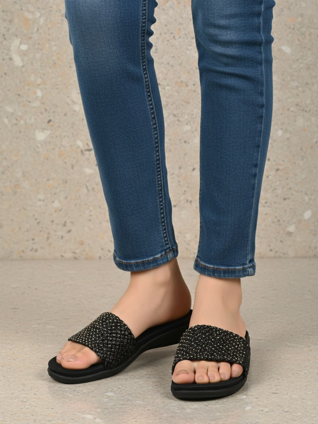 Womens Black Casual Embellished Open Toe Flats