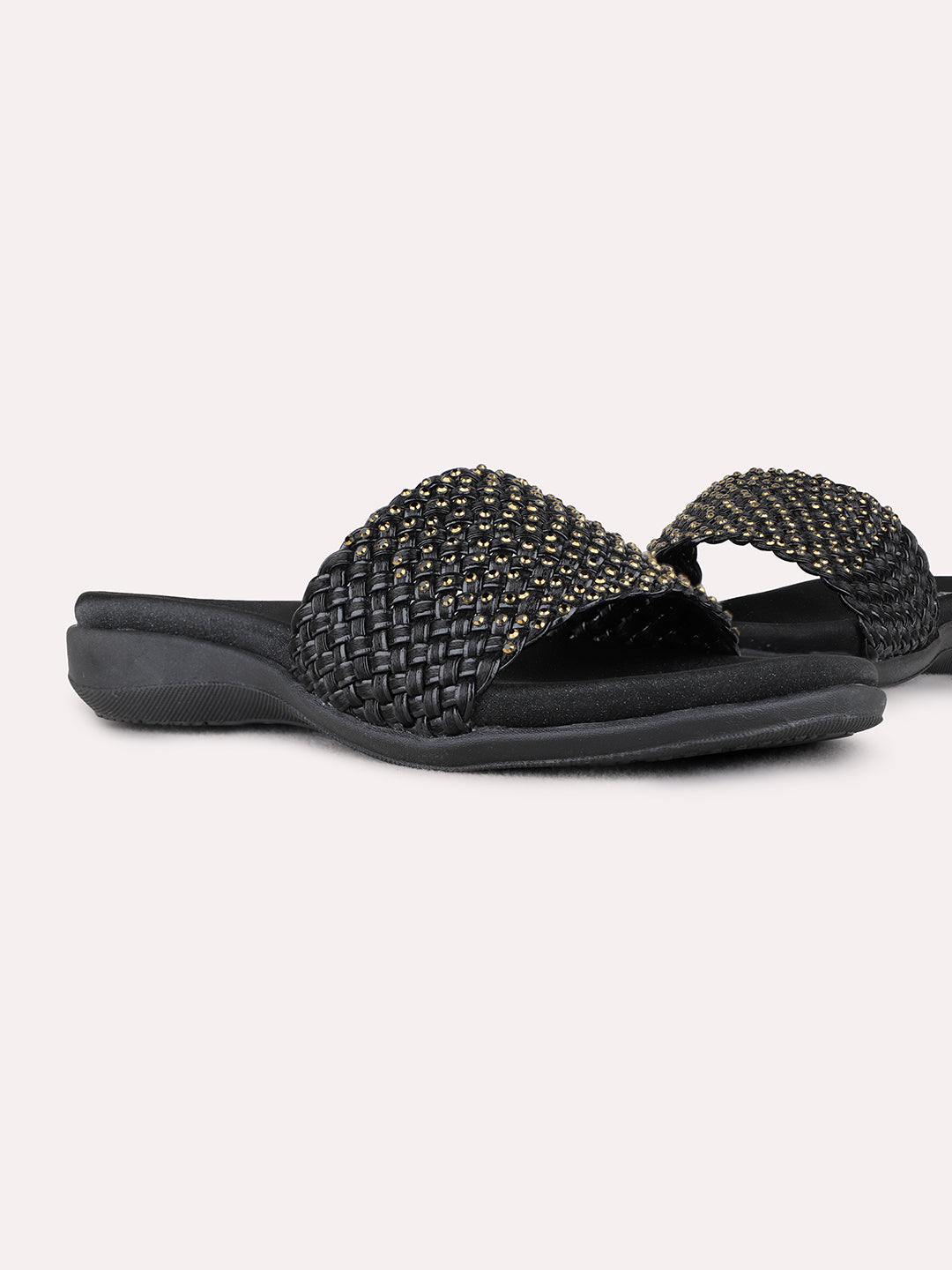 Womens Black Casual Embellished Open Toe Flats