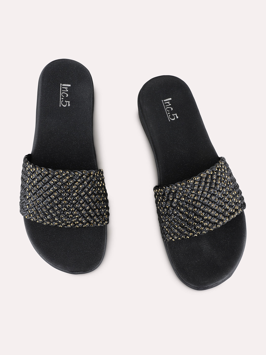 Womens Black Casual Embellished Open Toe Flats