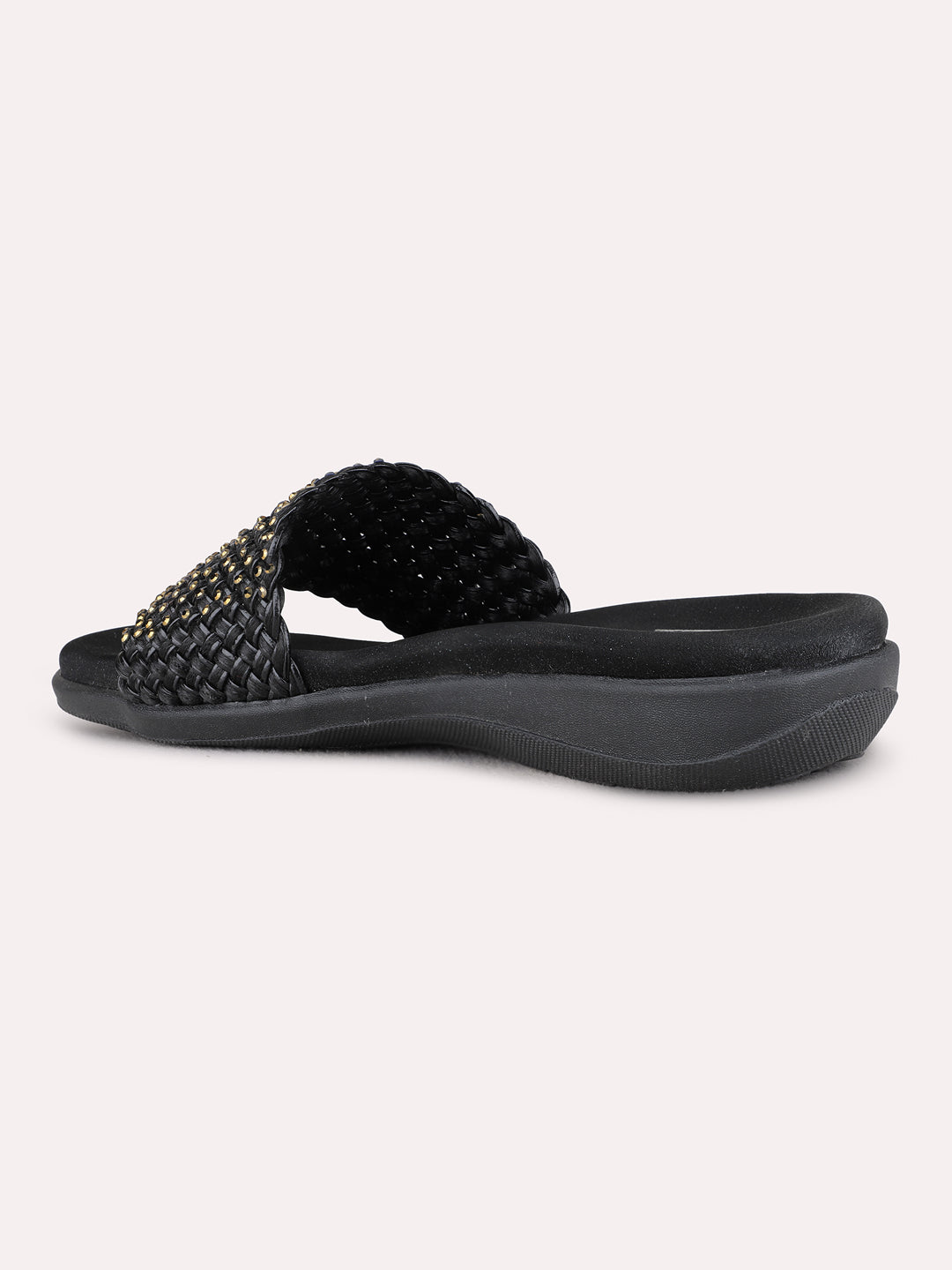 Womens Black Casual Embellished Open Toe Flats