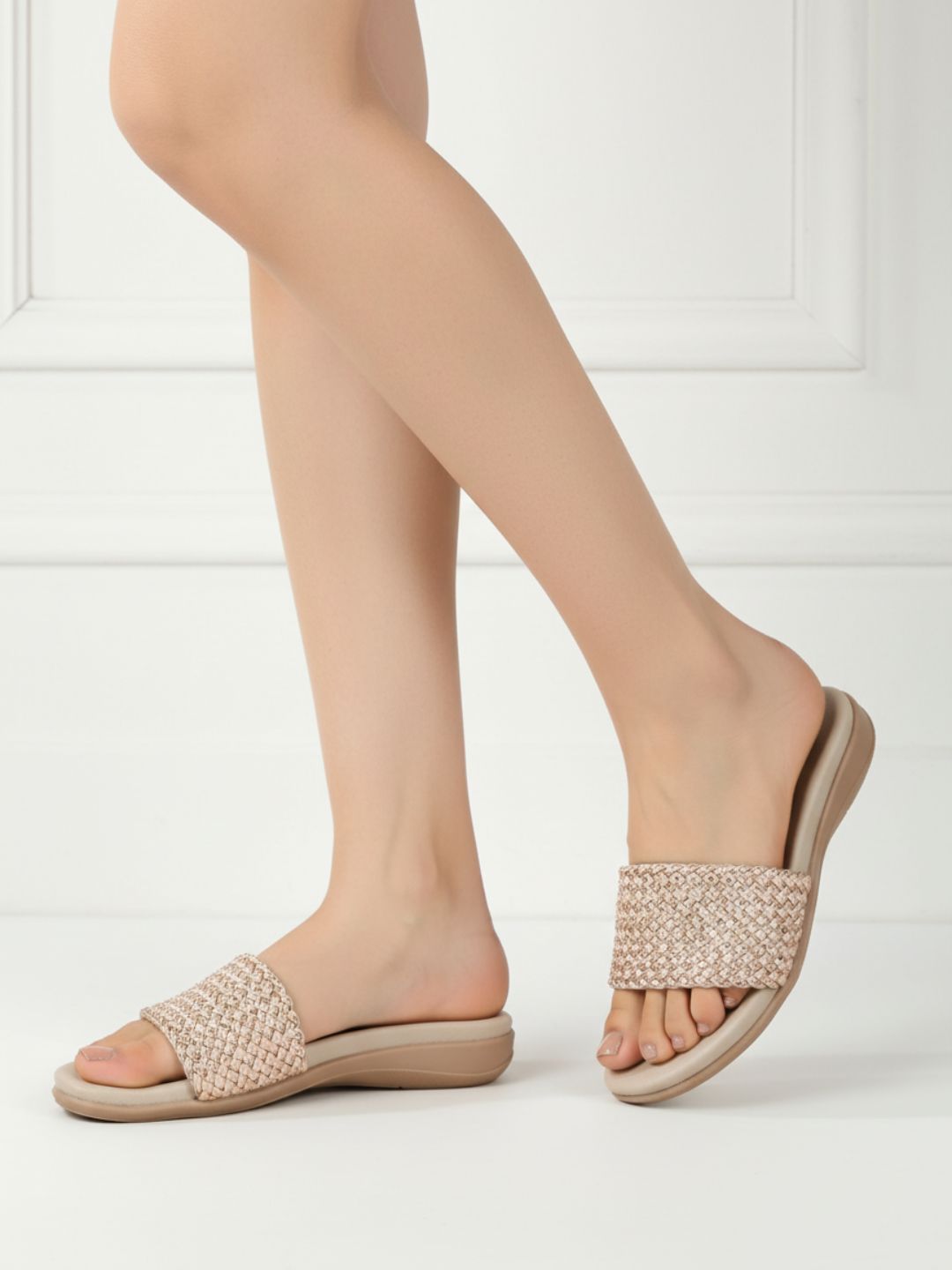 Womens Rose Gold Casual Embellished Open Toe Flats