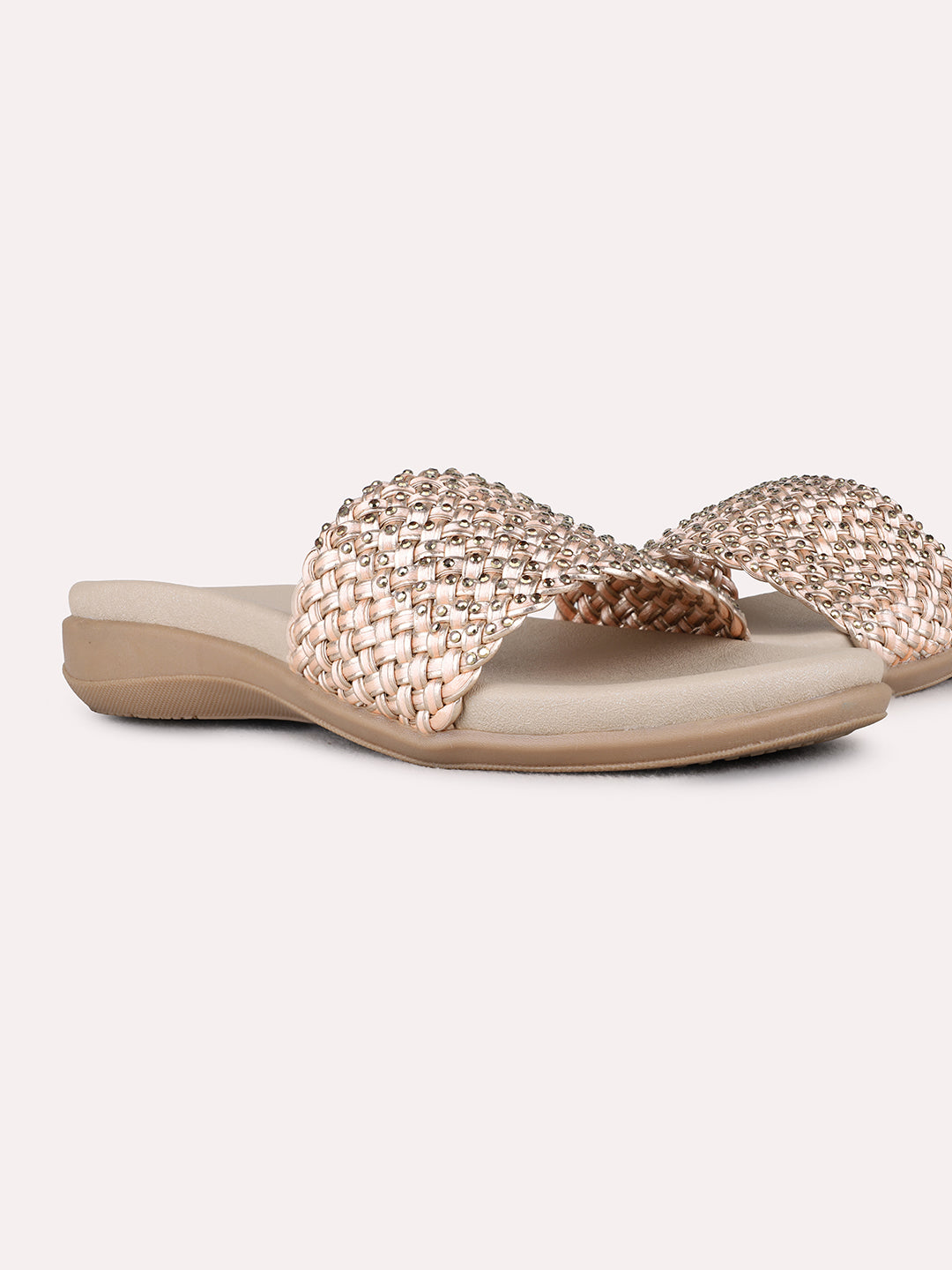 Womens Rose Gold Casual Embellished Open Toe Flats