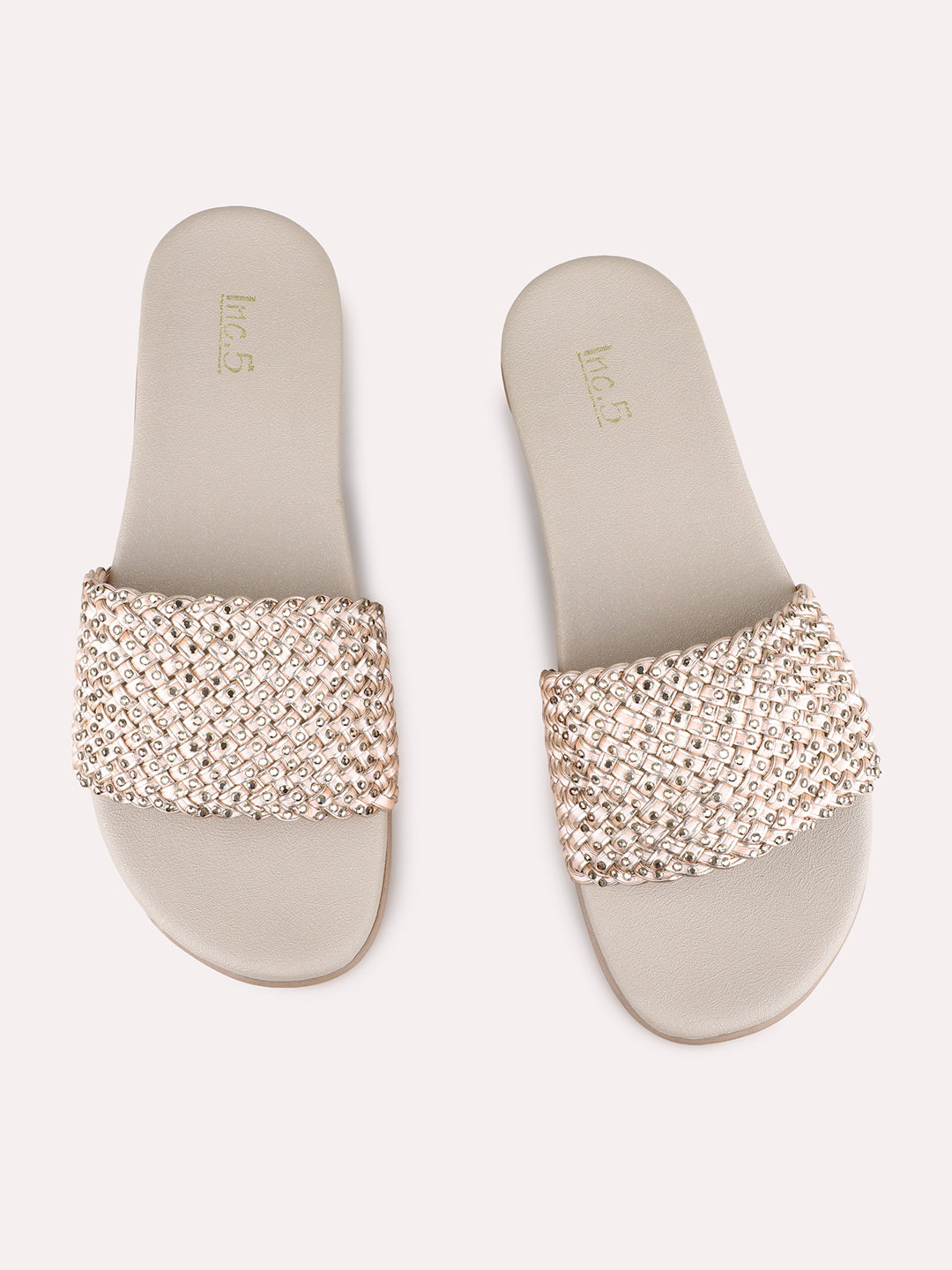 Womens Rose Gold Casual Embellished Open Toe Flats