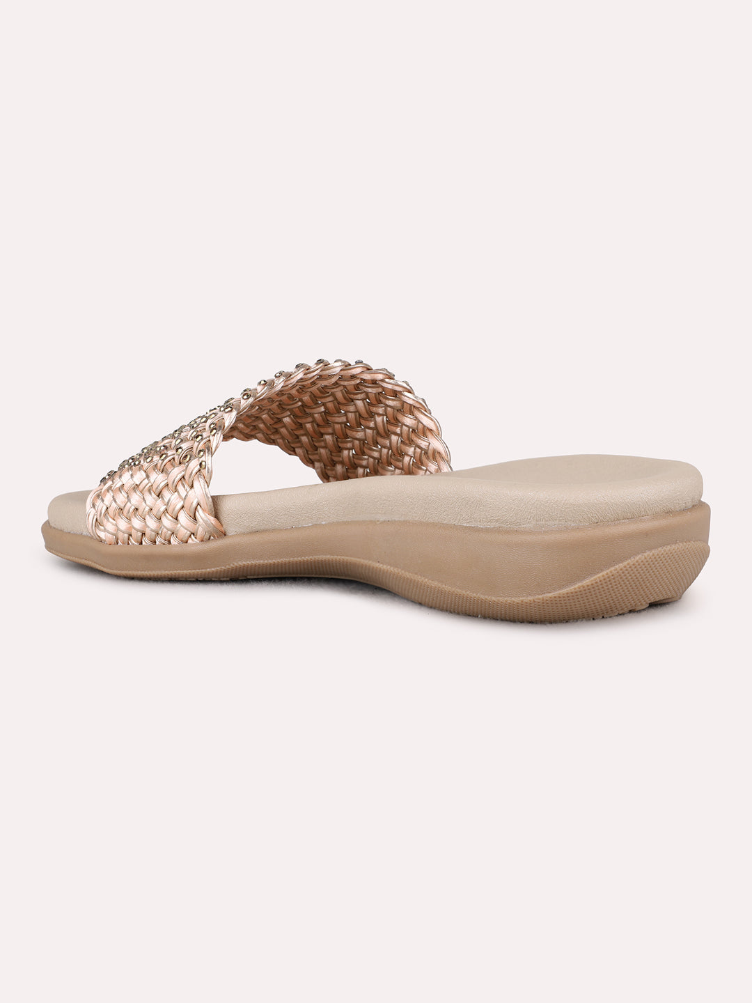 Womens Rose Gold Casual Embellished Open Toe Flats