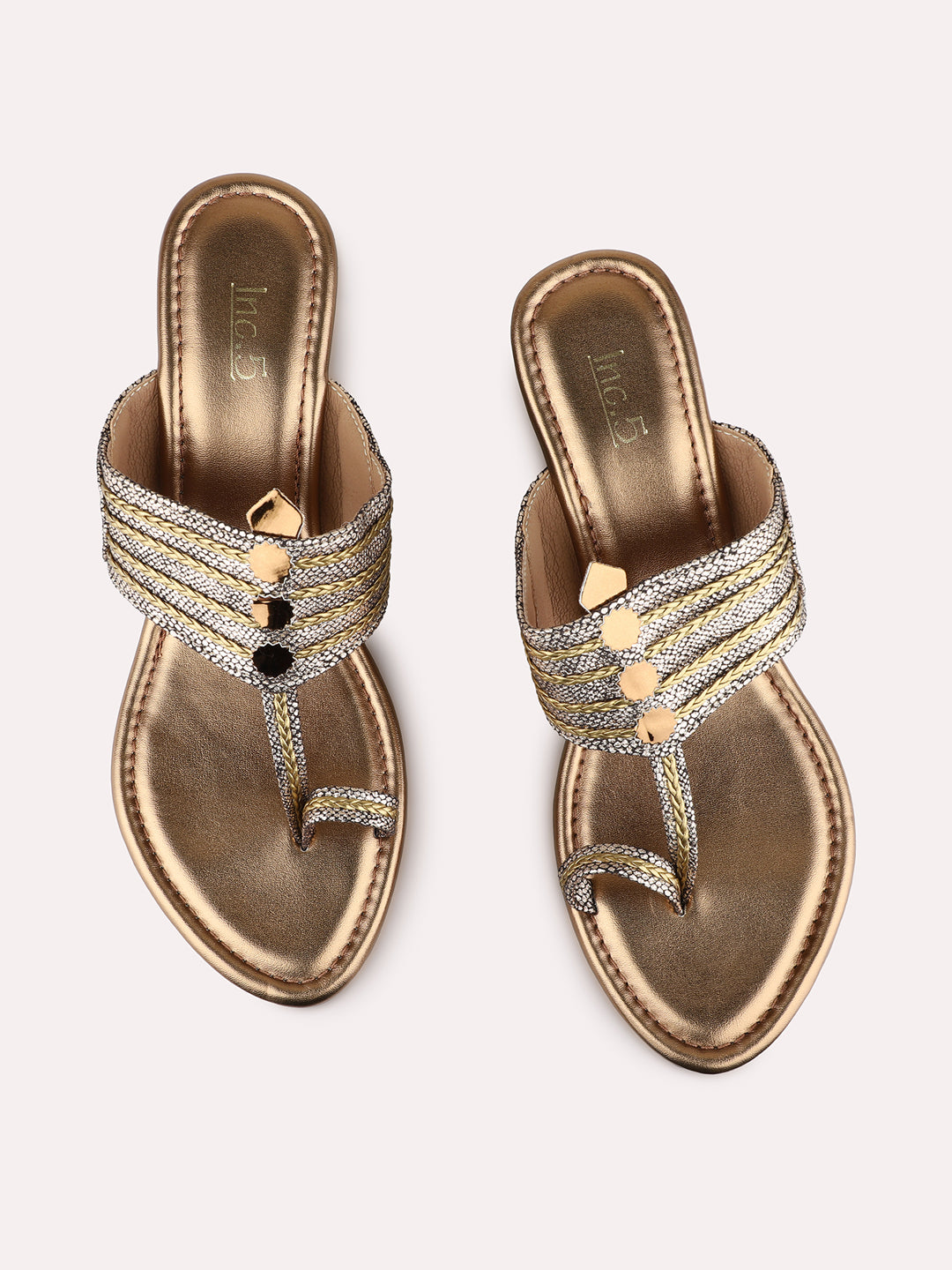 Womens Golden Party Wear Printed Round Toe Wedge Heels