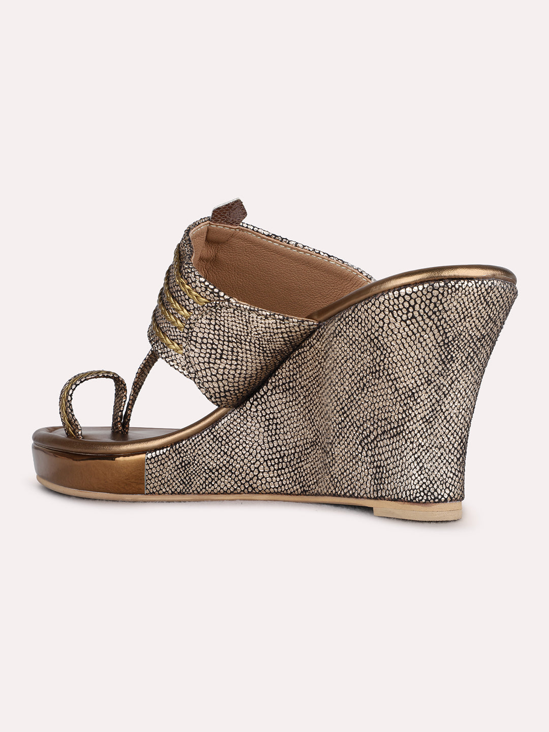 Womens Golden Party Wear Printed Round Toe Wedge Heels