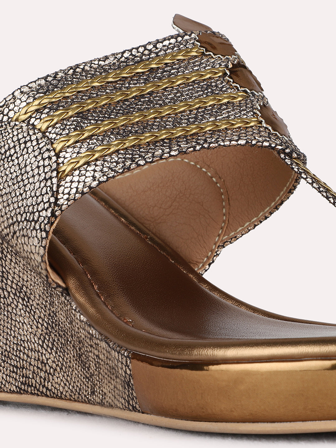 Womens Golden Party Wear Printed Round Toe Wedge Heels