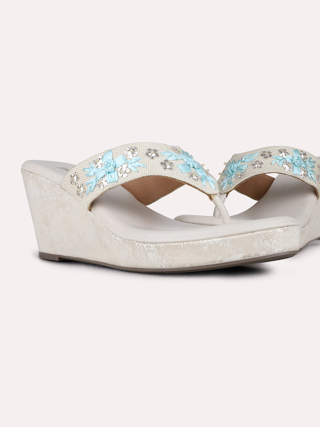 Womens Cream Party Wear Printed Round Toe Wedge Heels