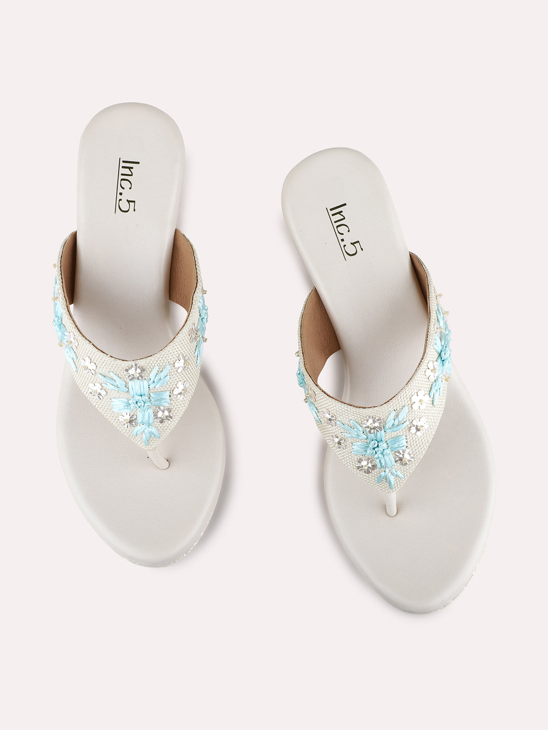 Womens Cream Party Wear Printed Round Toe Wedge Heels