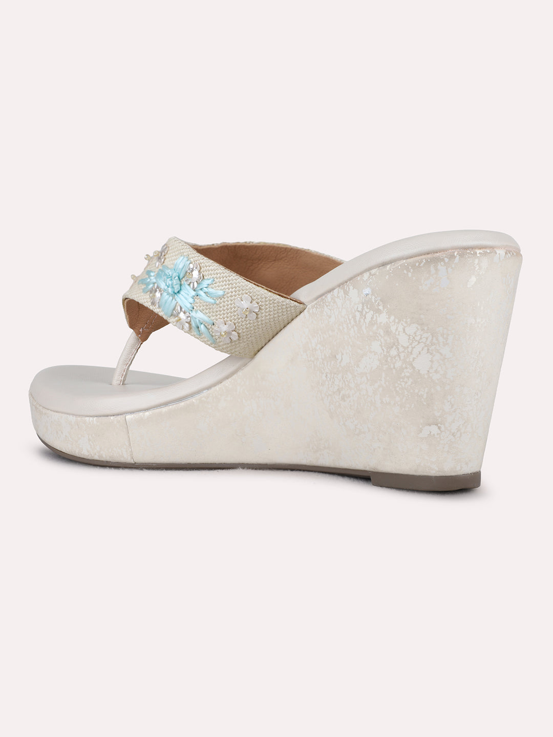Womens Cream Party Wear Printed Round Toe Wedge Heels