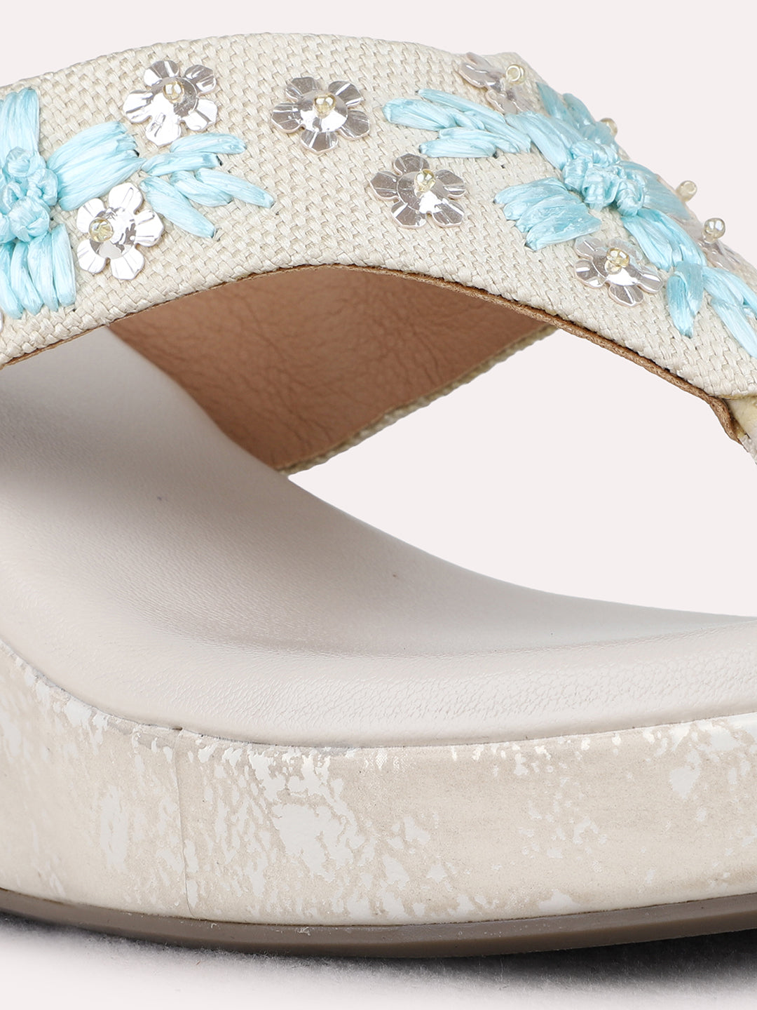 Womens Cream Party Wear Printed Round Toe Wedge Heels
