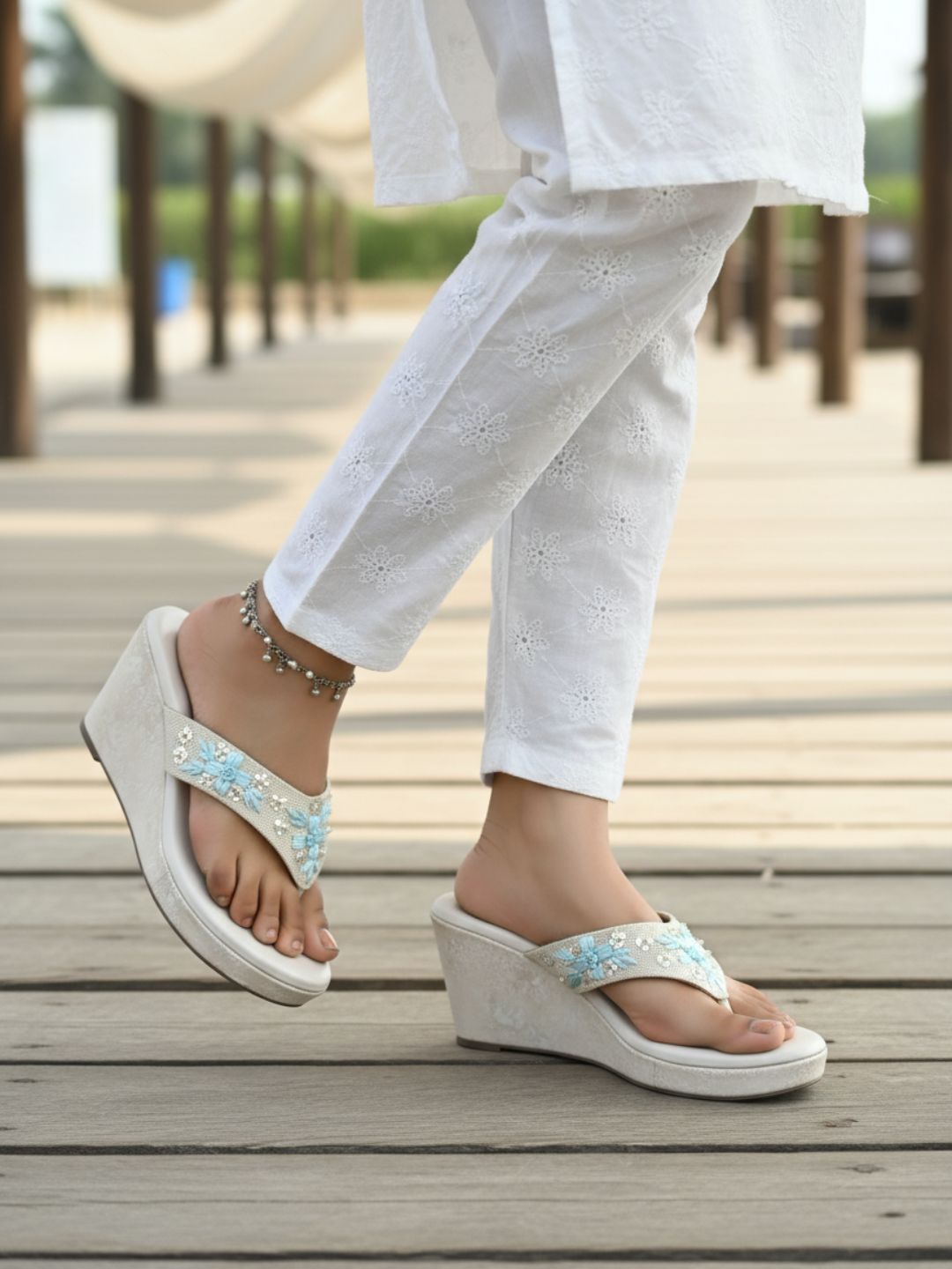Womens Cream Party Wear Printed Round Toe Wedge Heels