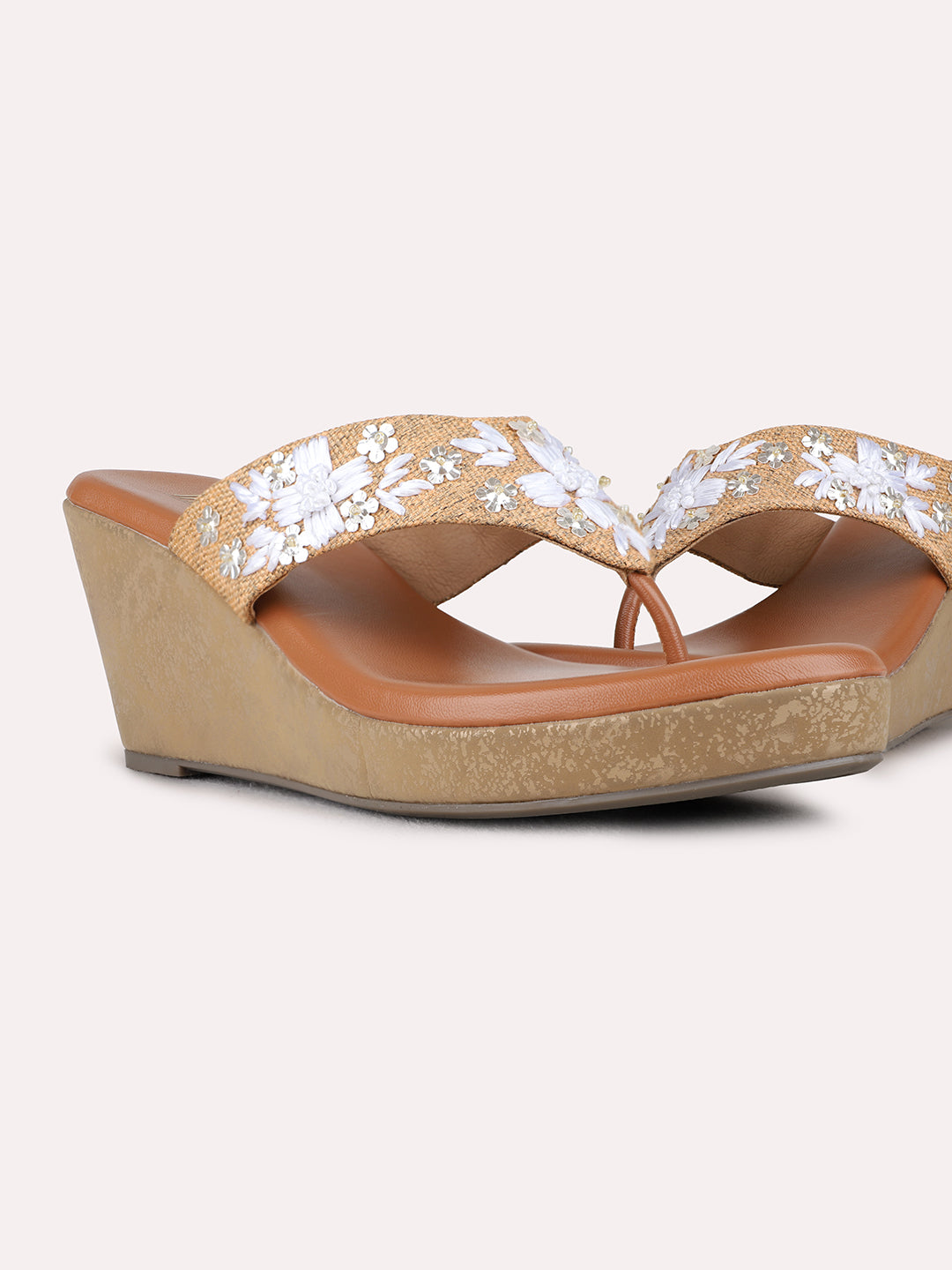 Womens Tan Party Wear Printed Round Toe Wedge Heels