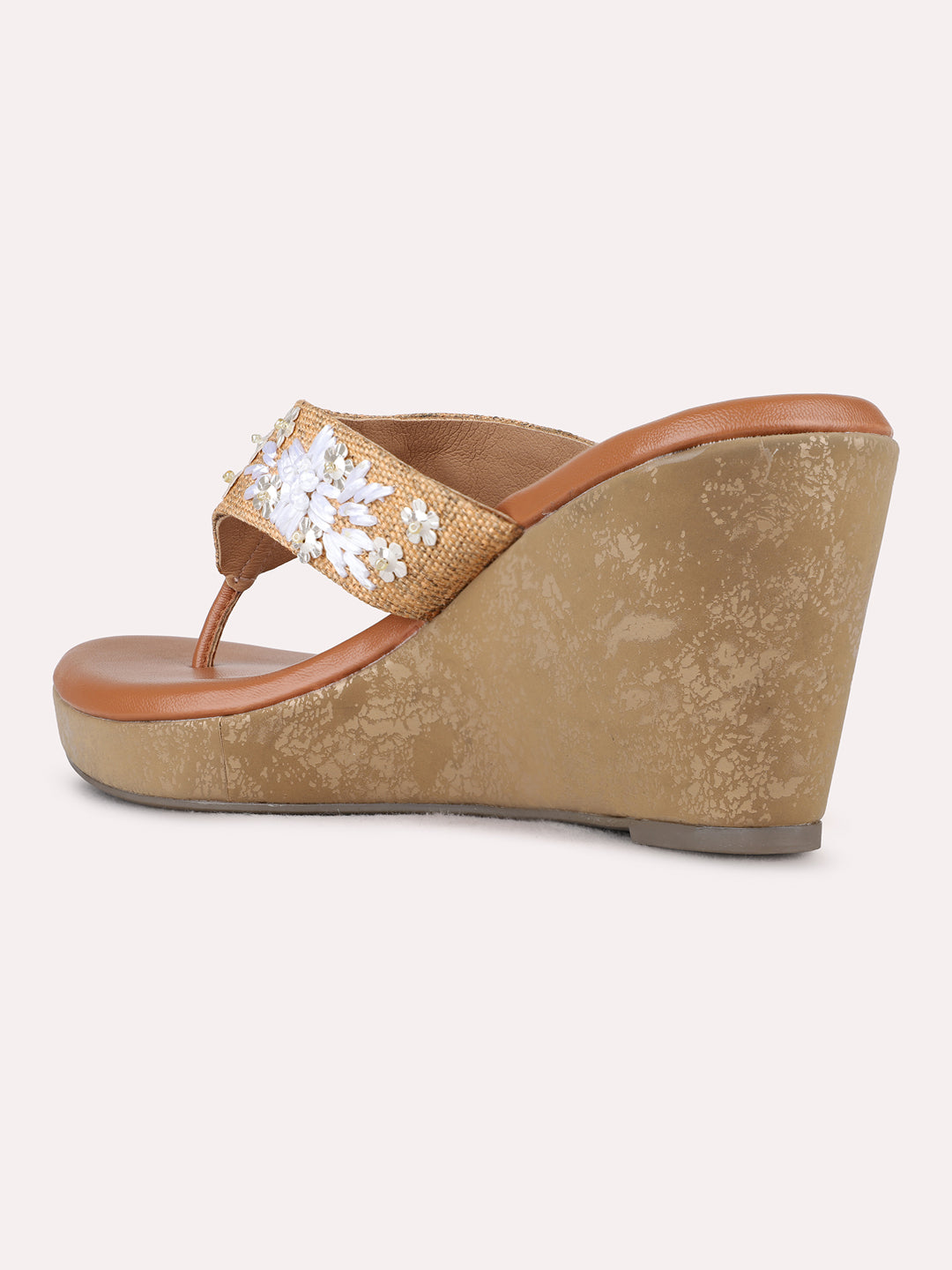 Womens Tan Party Wear Printed Round Toe Wedge Heels