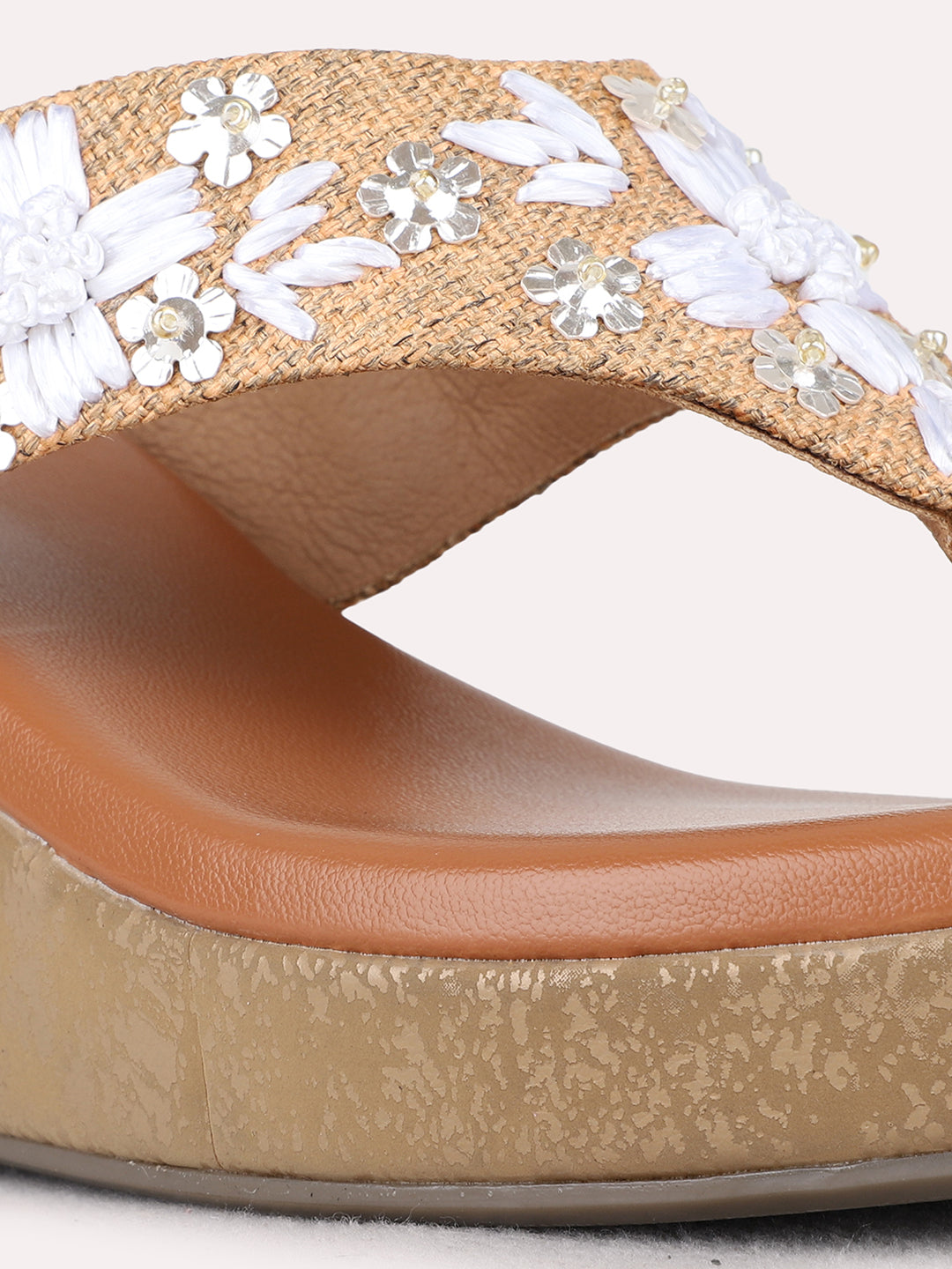 Womens Tan Party Wear Printed Round Toe Wedge Heels