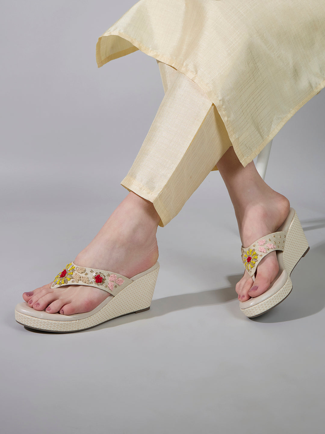 Womens Cream Ethnic Embellished Pattern Round Toe Wedge Heels