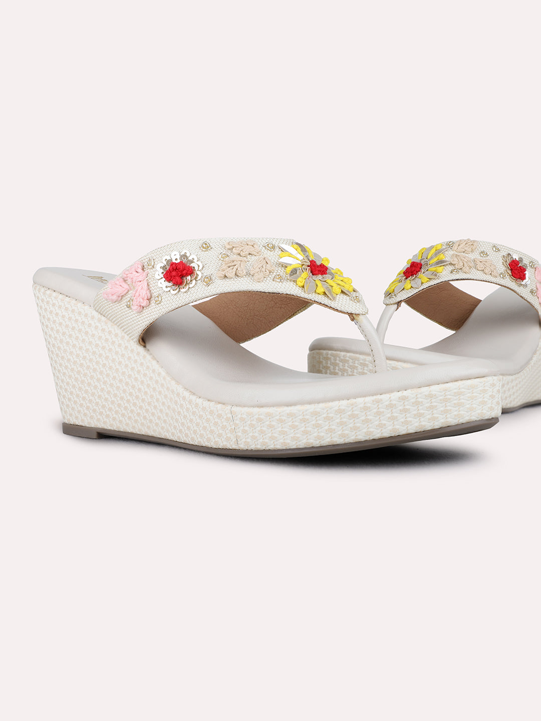 Womens Cream Ethnic Embellished Pattern Round Toe Wedge Heels
