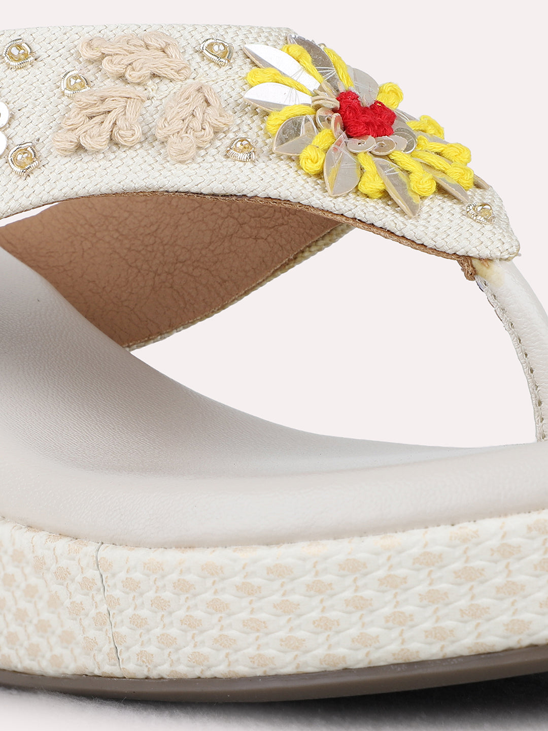 Womens Cream Ethnic Embellished Pattern Round Toe Wedge Heels
