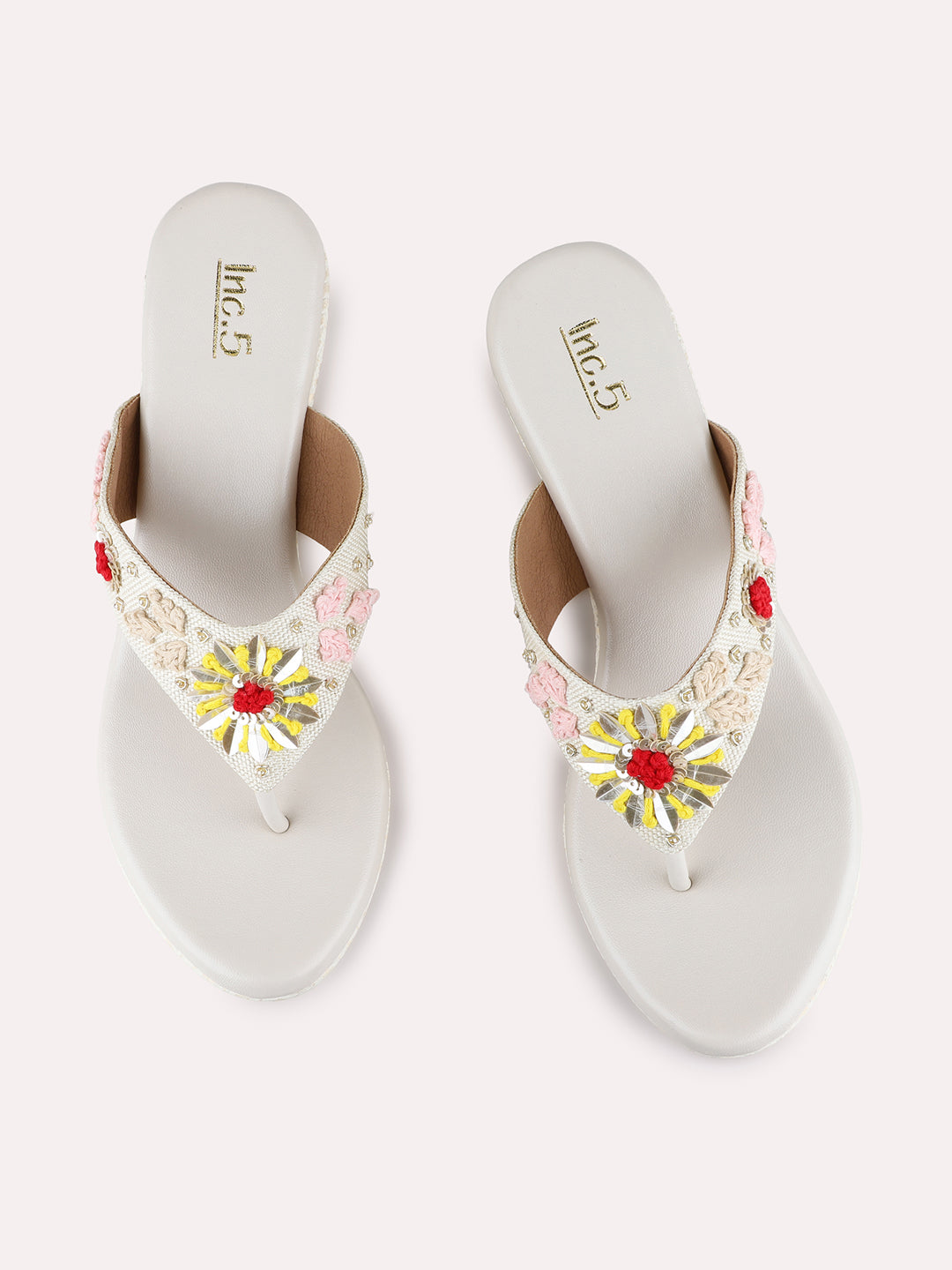 Womens Cream Ethnic Embellished Pattern Round Toe Wedge Heels