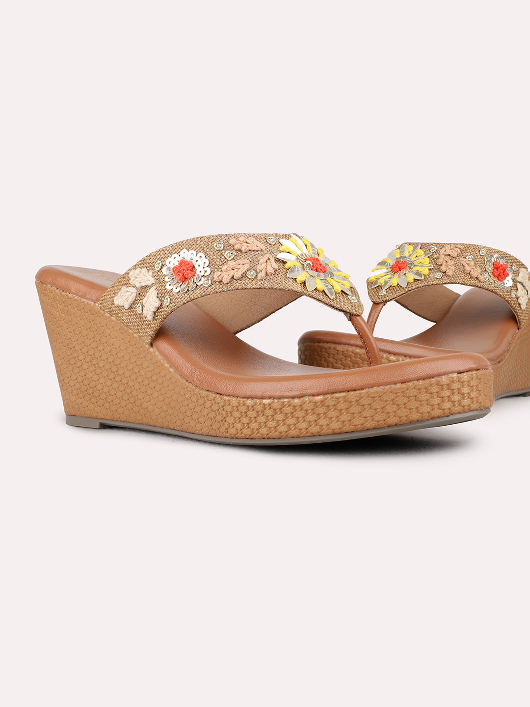 Womens Tan Ethnic Embellished Round Toe Wedge Heel Sandals
