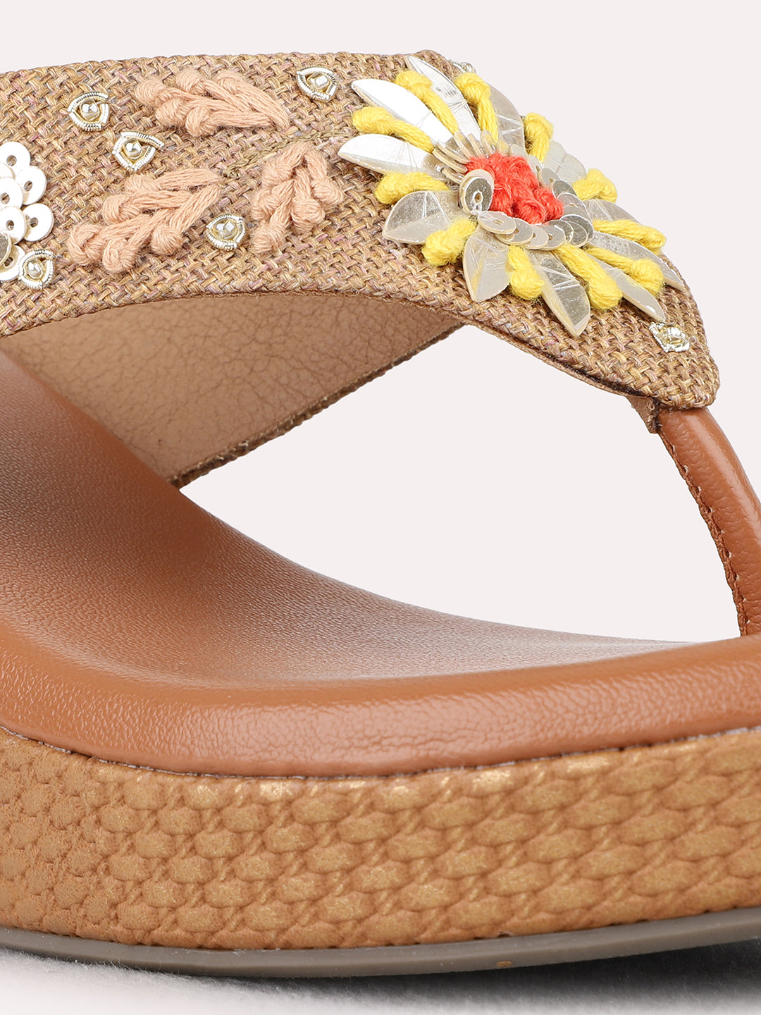 Womens Tan Ethnic Embellished Round Toe Wedge Heel Sandals
