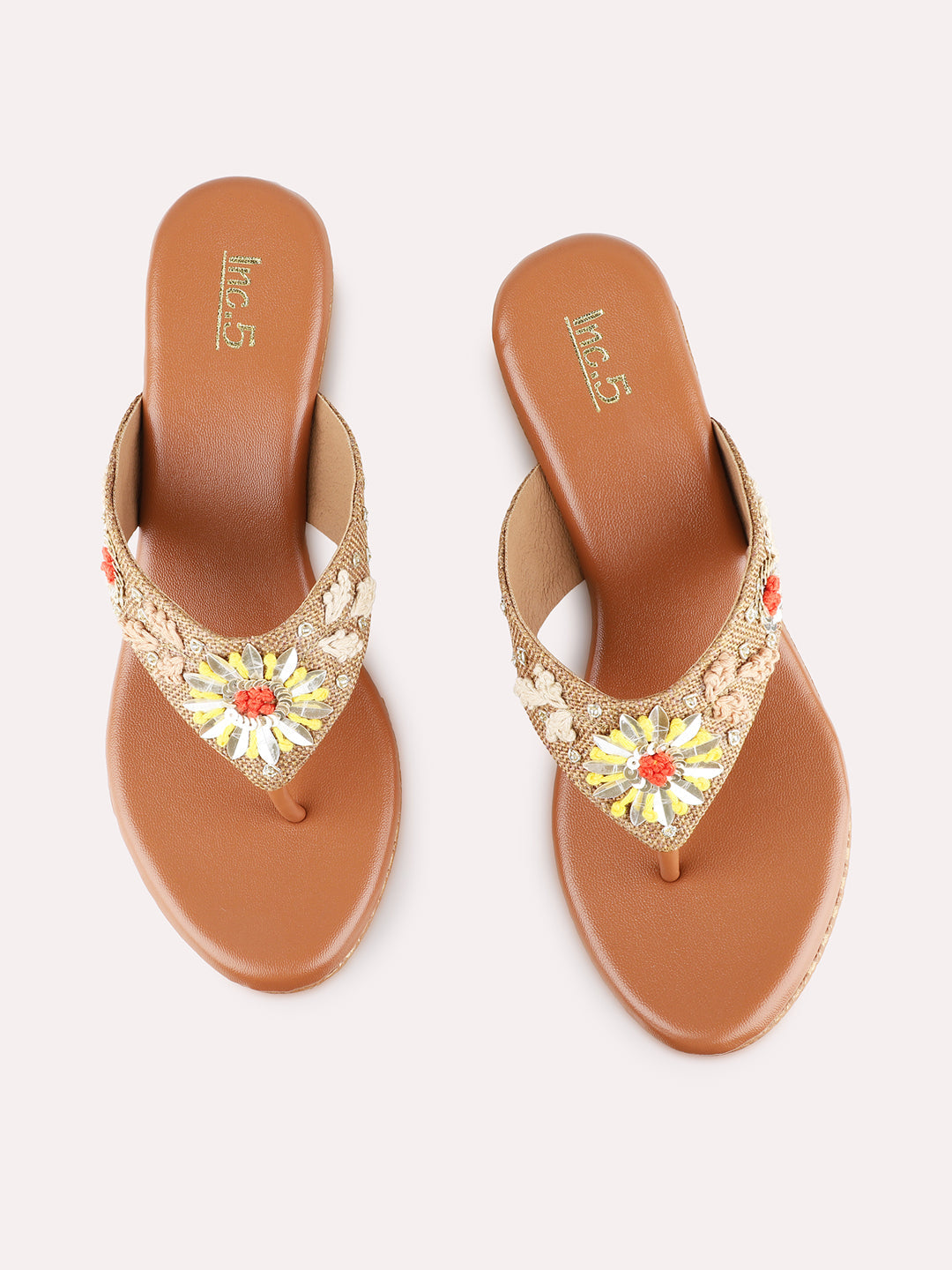 Womens Tan Ethnic Embellished Round Toe Wedge Heels
