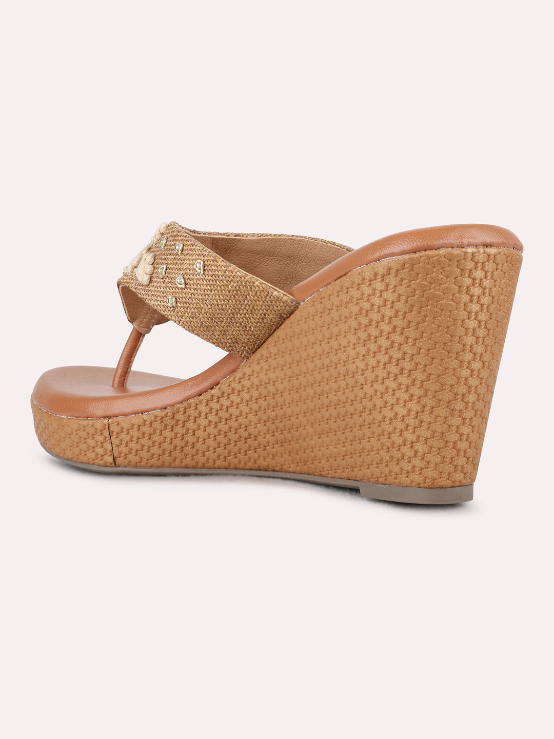 Womens Tan Ethnic Embellished Round Toe Wedge Heels
