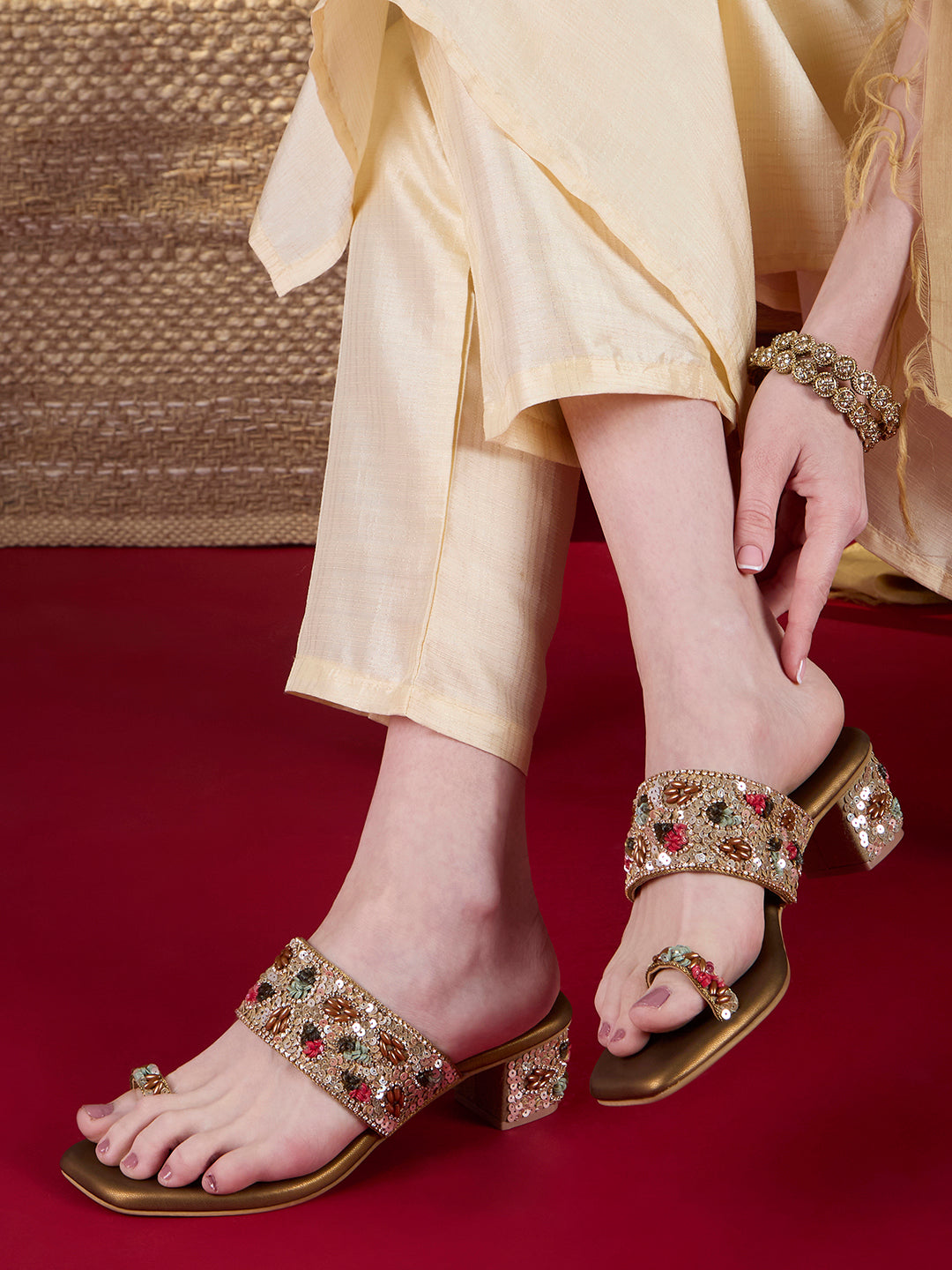 Womens Golden Ethnic Wear Embellished Square Toe Block Heels