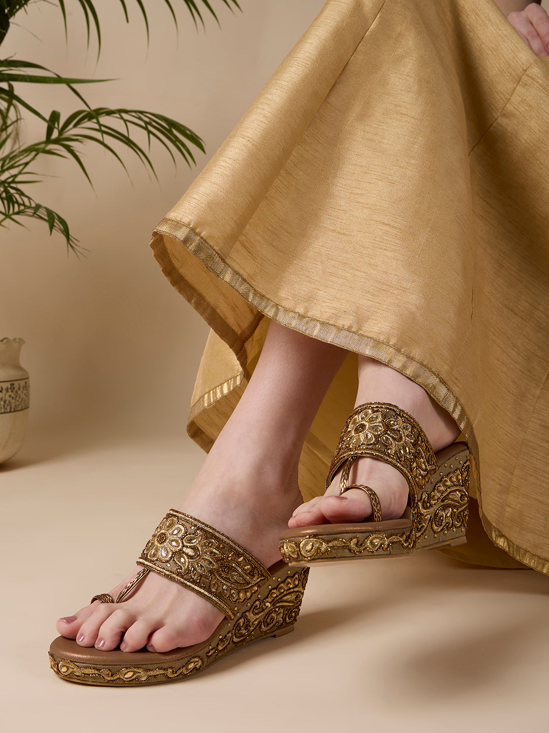 Womens Golden Ethnic Embellished Round Toe Wedge Heels