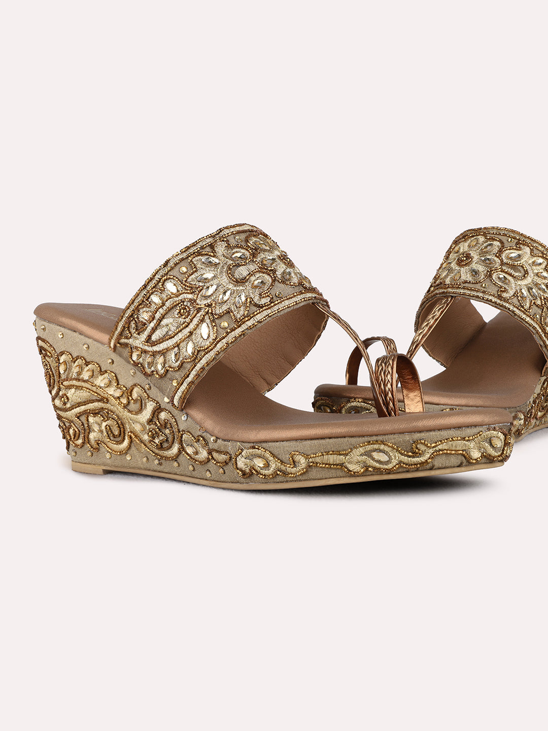 Womens Golden Ethnic Embellished Round Toe Wedge Heels