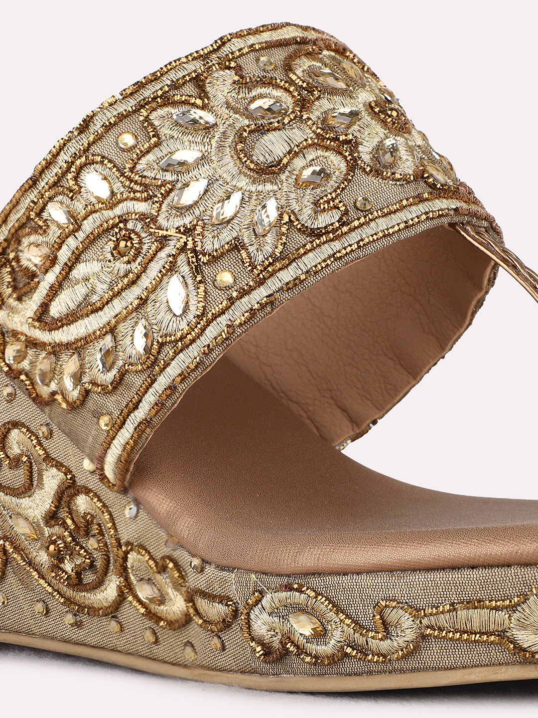 Womens Golden Ethnic Embellished Round Toe Wedge Heels