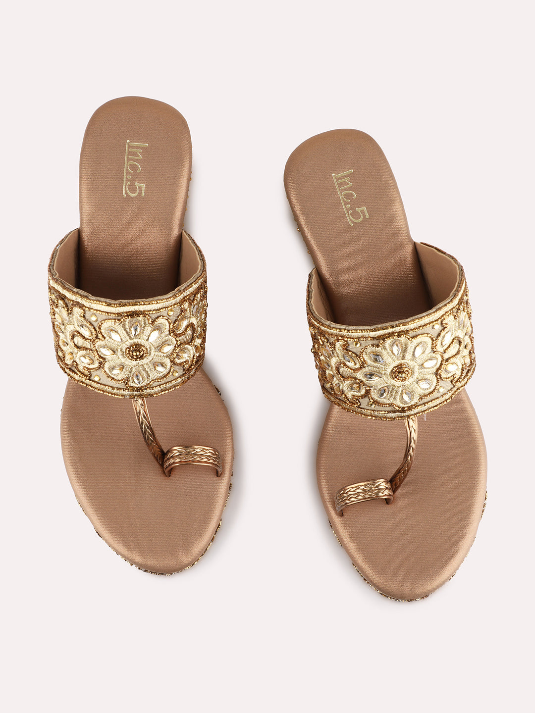 Womens Golden Ethnic Embellished Round Toe Wedge Heels