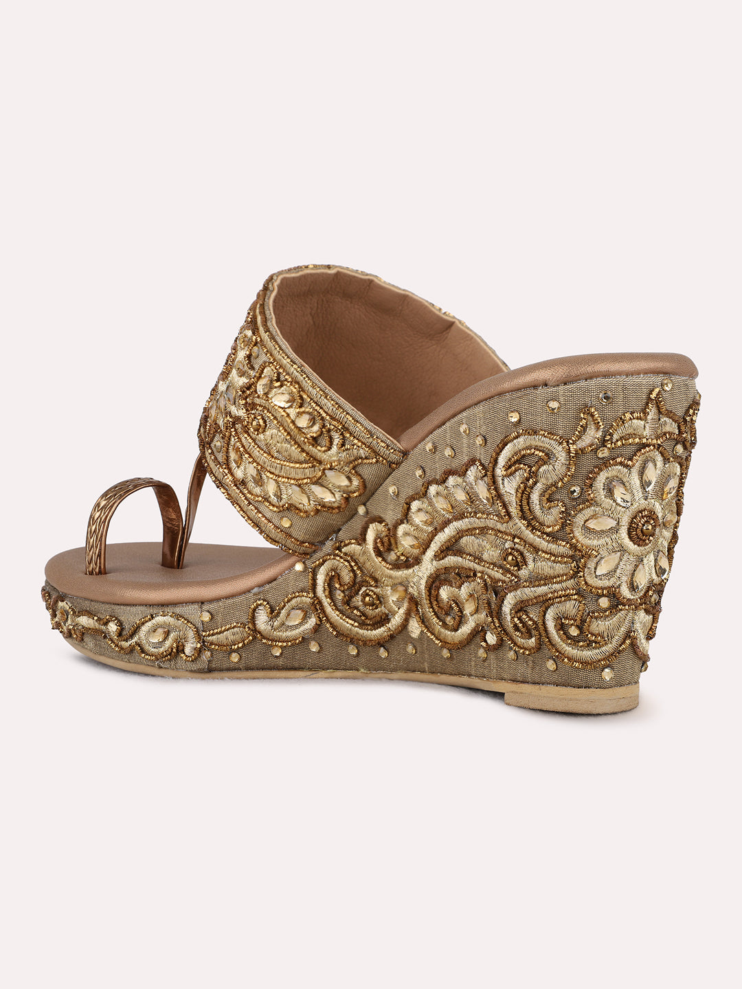 Womens Golden Ethnic Embellished Round Toe Wedge Heels