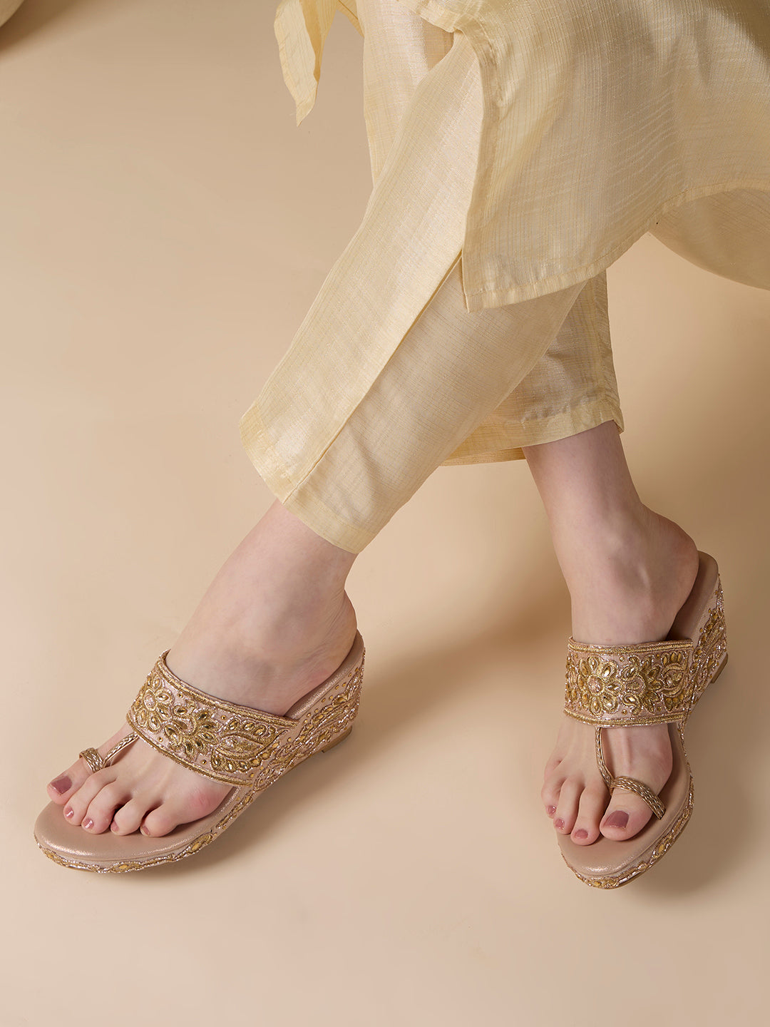 Womens Rose Gold Ethnic Embellished Round Toe Wedge Heels