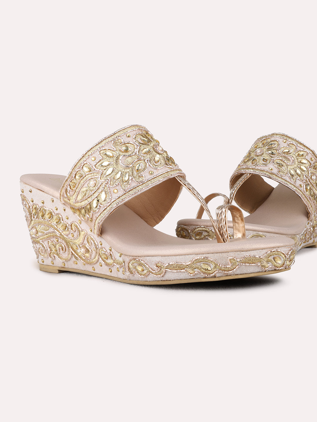 Womens Rose Gold Ethnic Embellished Round Toe Wedge Heels