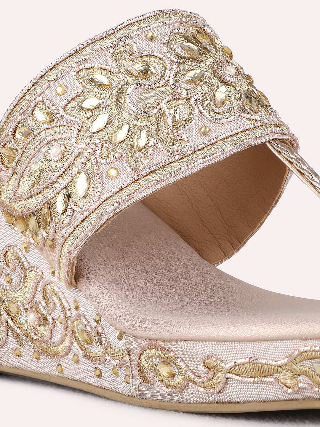 Womens Rose Gold Ethnic Embellished Round Toe Wedge Heels