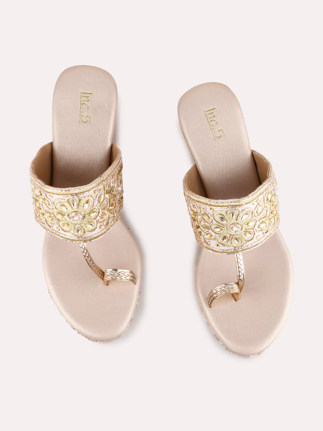 Womens Rose Gold Ethnic Embellished Round Toe Wedge Heels