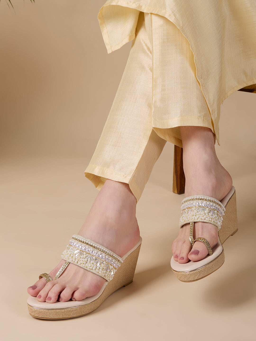 Womens Cream Ethnic Embellished Round Toe Wedge Heel Sandals