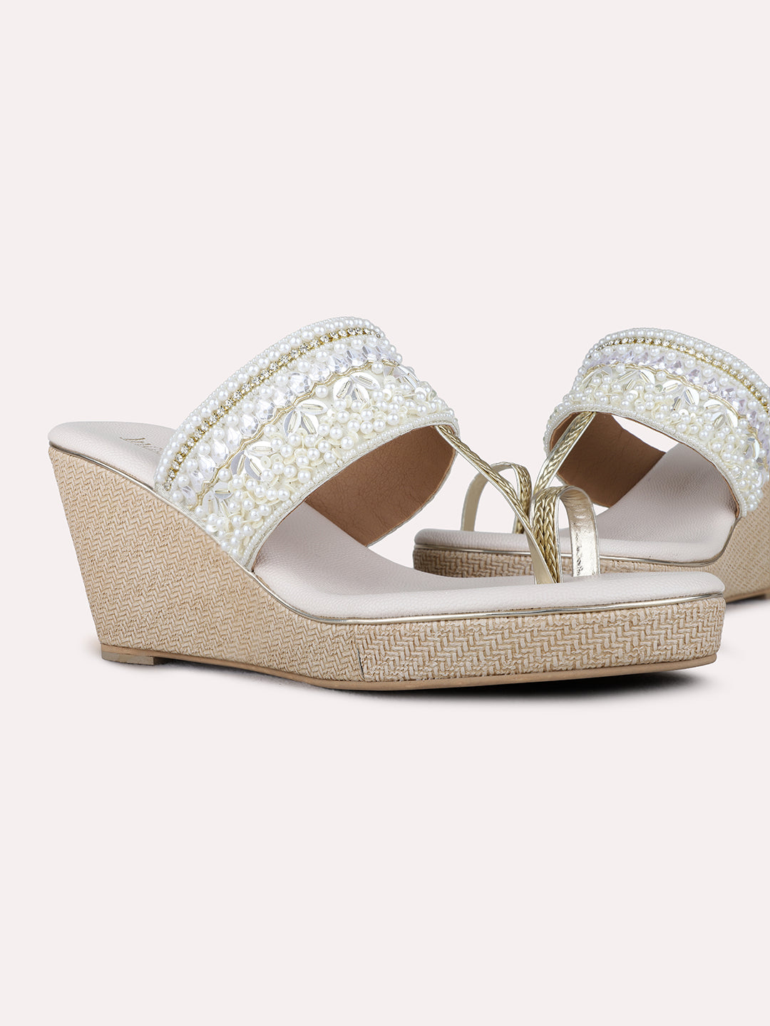 Womens Cream Ethnic Embellished Round Toe Wedge Heel Sandals
