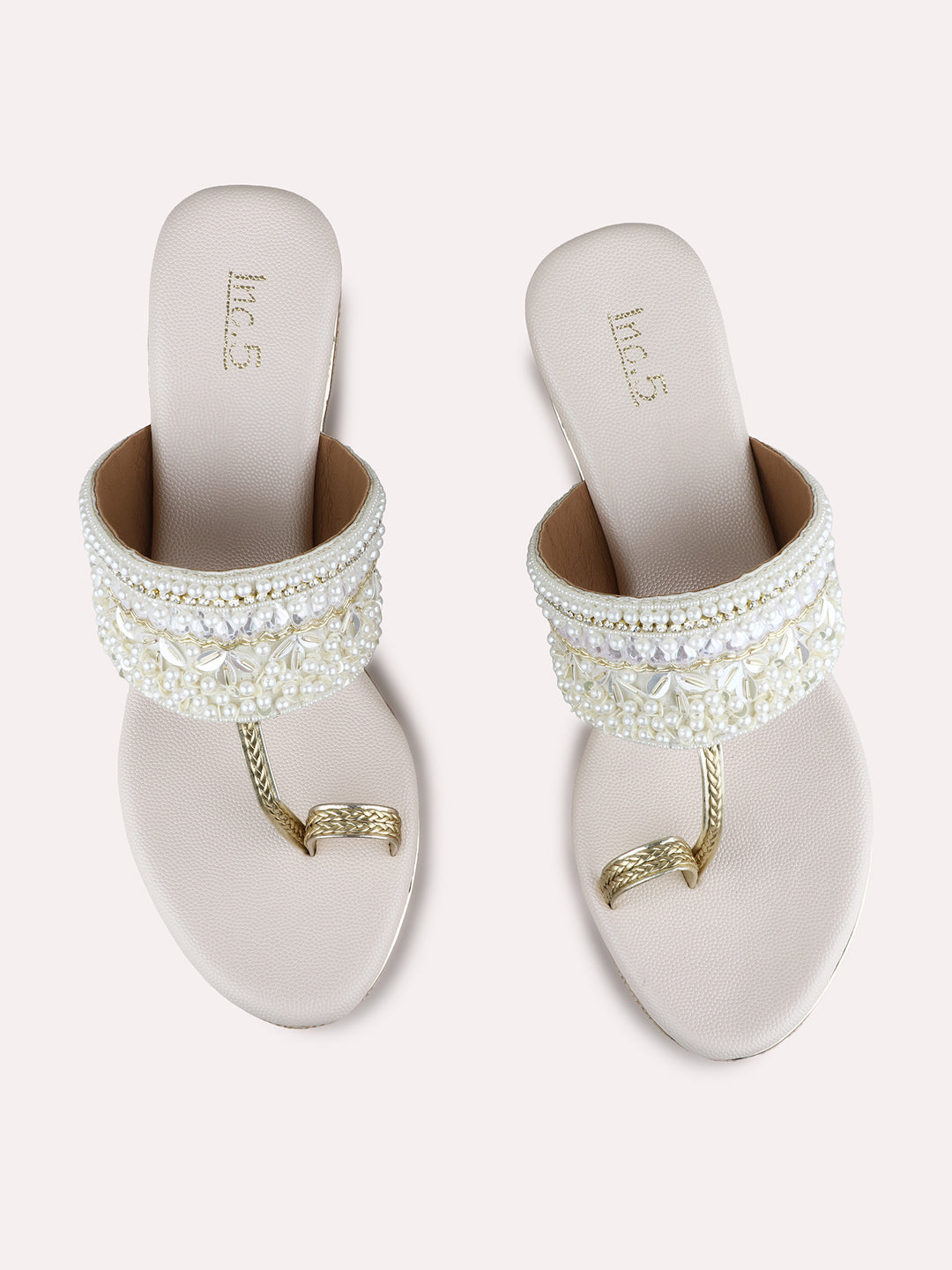 Womens Cream Ethnic Embellished Round Toe Wedge Heel Sandals
