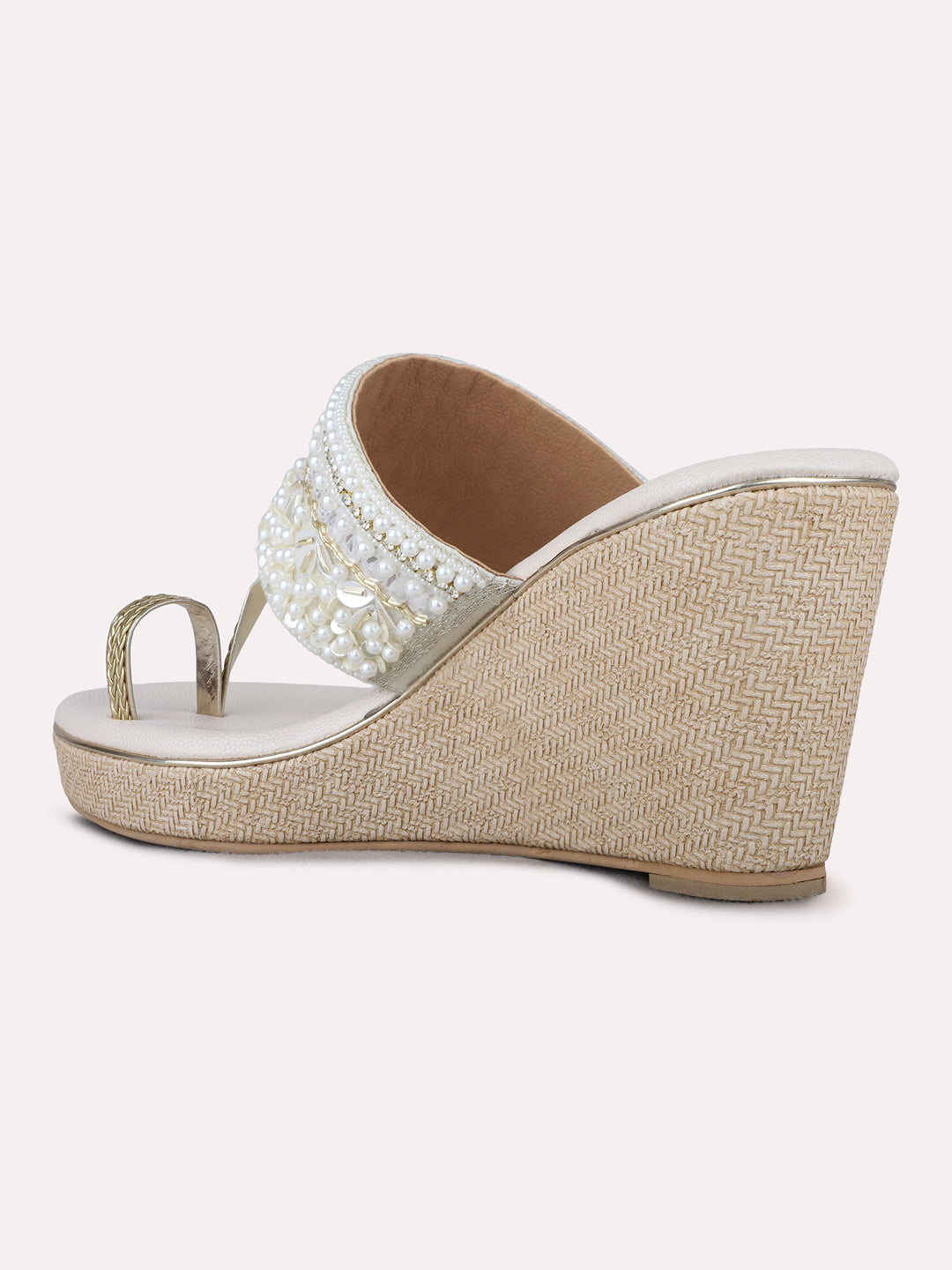Womens Cream Ethnic Embellished Round Toe Wedge Heel Sandals