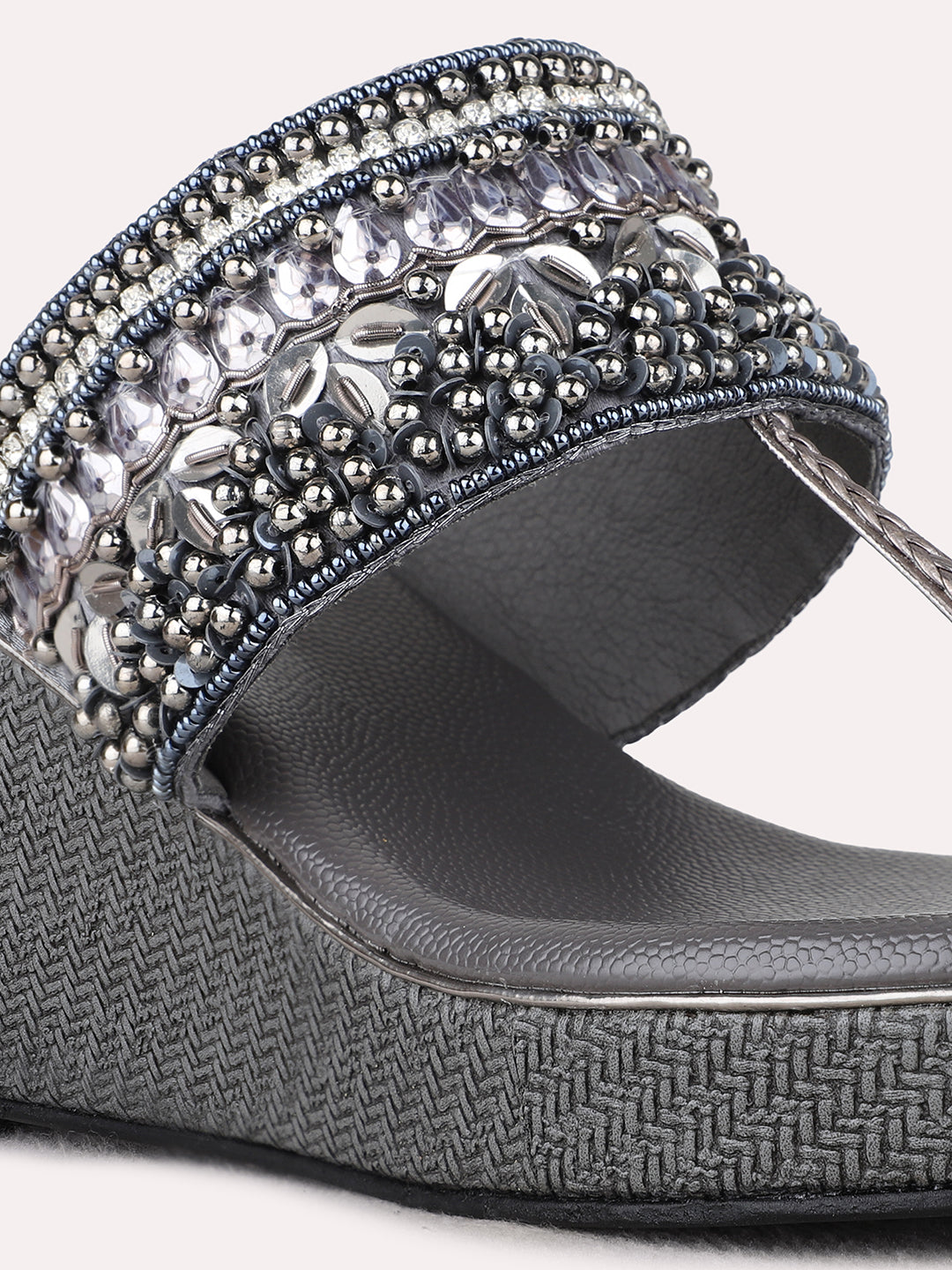 Womens Pewter Ethnic Embellished Round Toe Wedge Heels