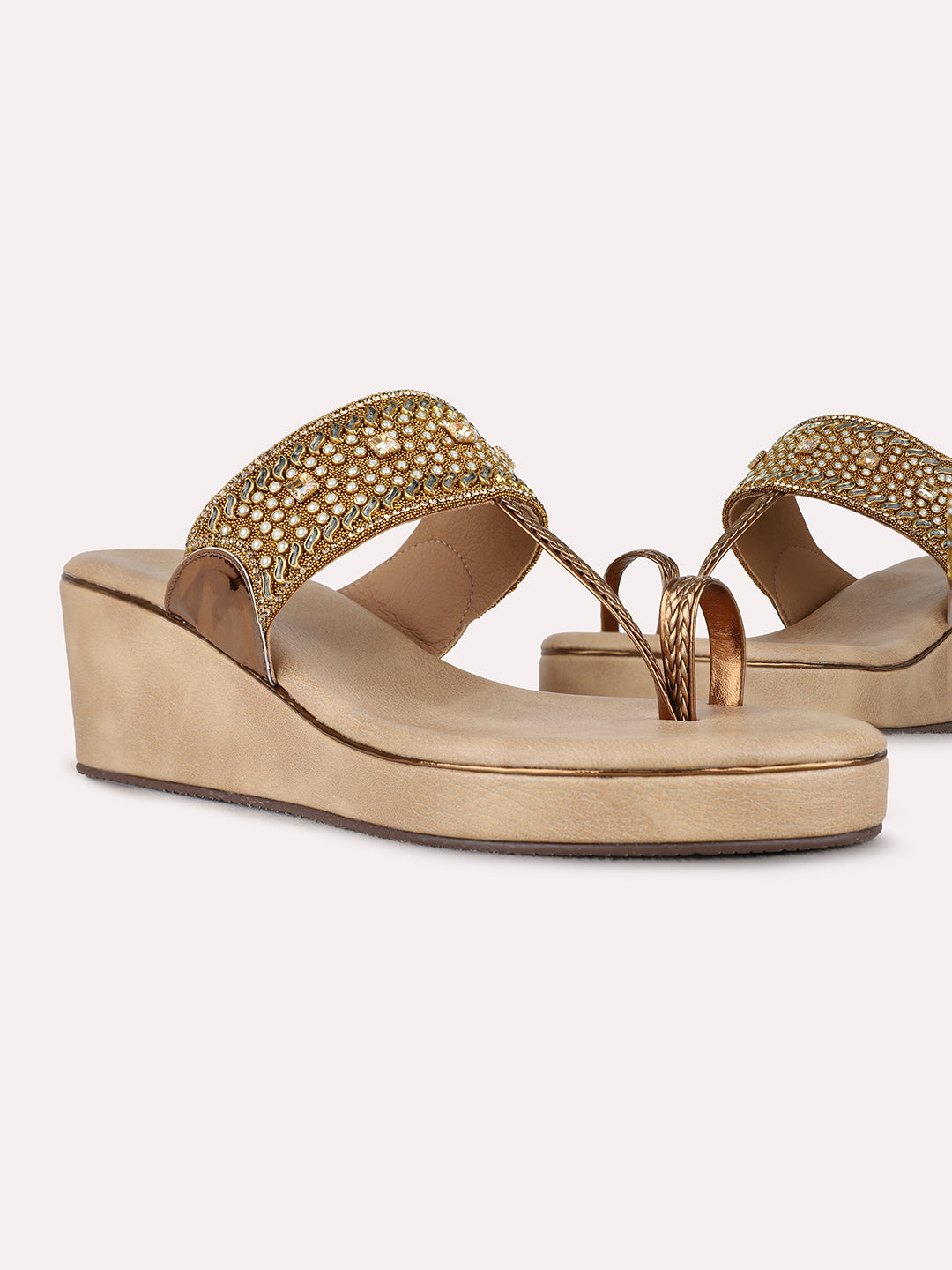 Womens Golden Ethnic Embellished Pattern Round Toe Wedge Heels